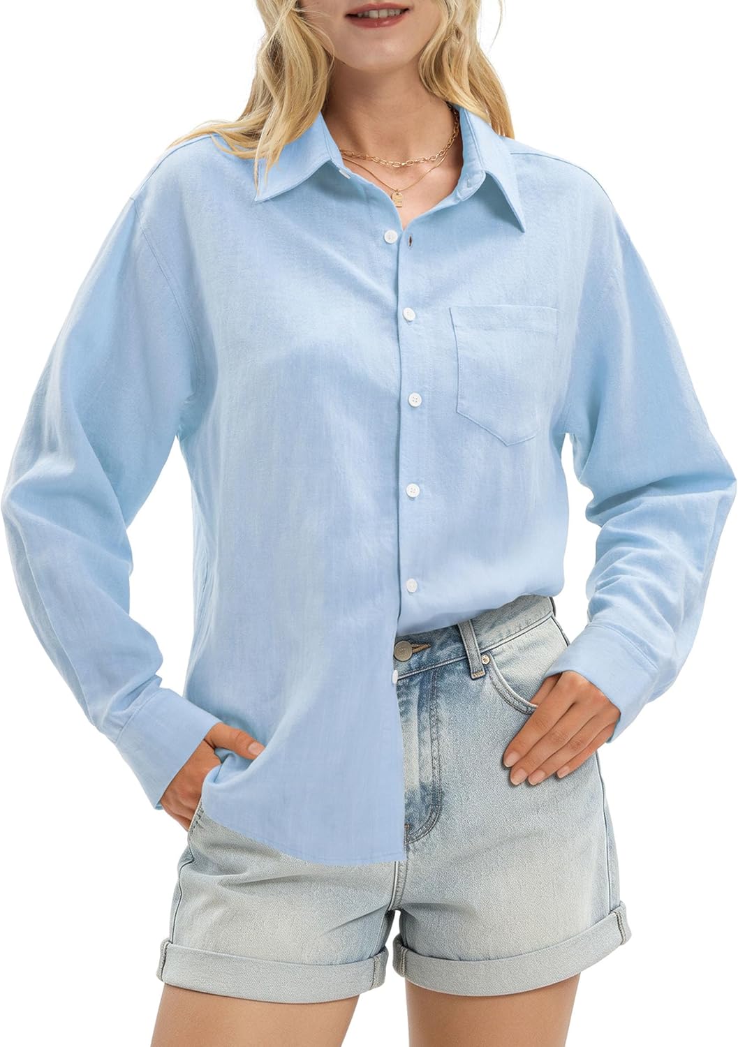 Women's Linen Shirts Casual Button Down Linen Tops for Women Long Sleeve Loose Fit for Summer Beach Vacation