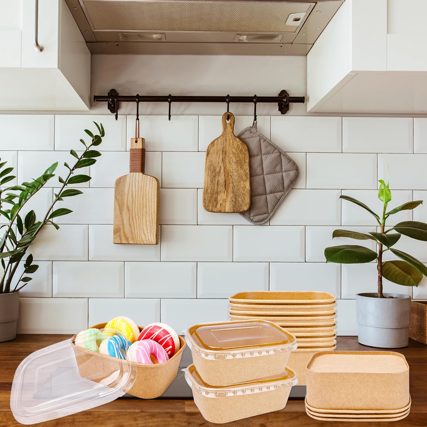 60 Pcs Disposable Kraft Paper Bowl Bulk Paper Rectangle Extra-Thick Leak-Proof Prep Food Container with Plastic Lid for Kitchen Restaurant Meal Fruit Salad Takeout Picnic Party Supplies (25 oz)
