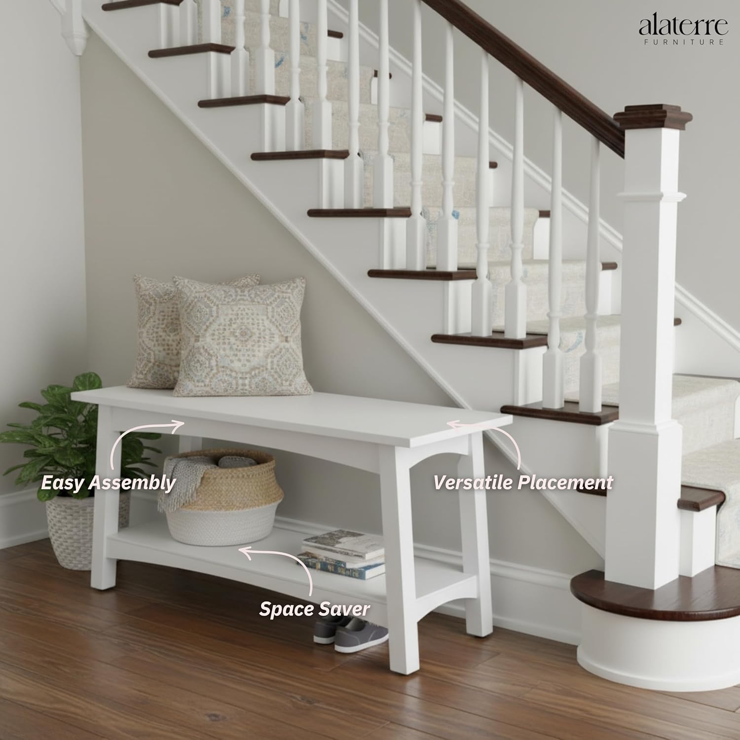 Craftsbury 36-Inch Solid Wood Entryway Bench with Storage Shelf – Easy Assembly Small Seating Bench for Hallway, Living Room, or Foyer by Alaterre Furniture (White)