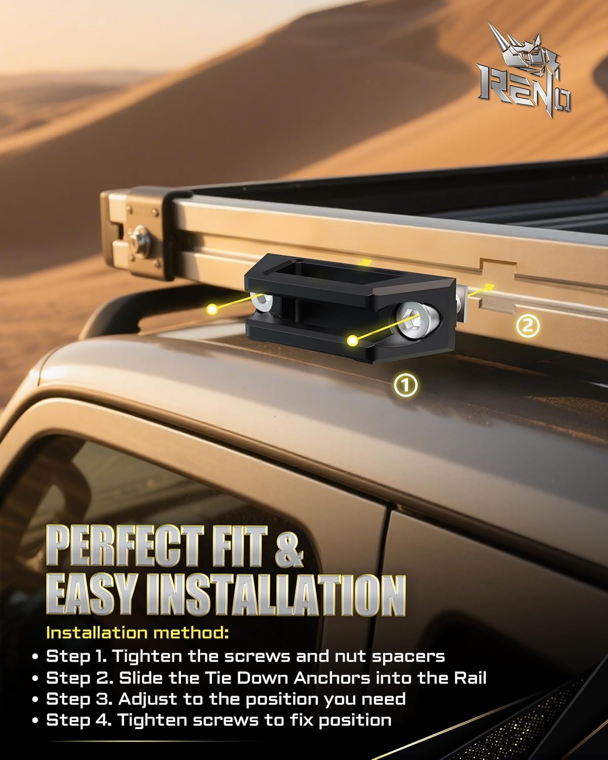 RENO Tie Down Anchor, Fits for T/C Channels Bed Rail System T-Track Rail Cleats Compatible with Most Crossbar Roof Rack Pickup Truck RV Kayaks Boats Canoe (Aluminum,Black,2PCS)