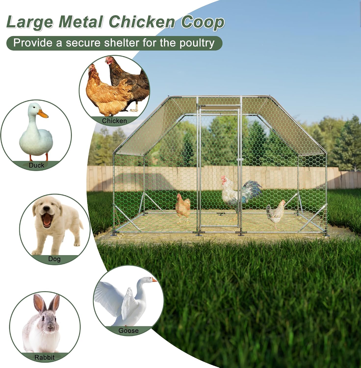 10' x 6.5' x 6' Large Metal Chicken Coop for 6-10 Chickens, Chicken Runs for Yard with Cover and Wire Mesh, Mobile Chicken Pen for Outdoor, Yard, and Farm, Sloped Roof