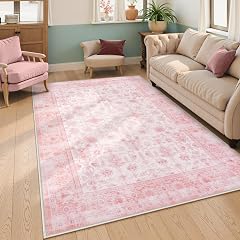 LIVEBOX Pink Area Rug 5x7 Vintage Living Room Rug Machine Washable Area Rugs Pink Rugs for Bedroom Girls