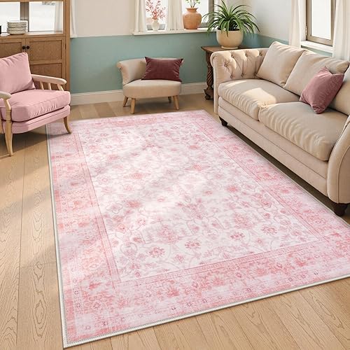 LIVEBOX Pink Area Rug 5x7, Vintage Living Room Rug Machine Washable Area Rugs, Pink Rugs for Bedroom Girls, Indoor Carpet for Dining Room Nursery Dorm Home Decor - 5' x 7' (Rectangular) - Pink