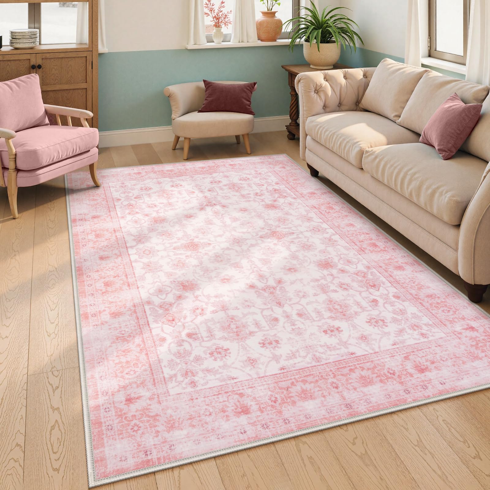 LIVEBOX Pink Area Rug 5x7 Vintage Living Room Rug Machine Washable Area Rugs Pink Rugs for Bedroom Girls