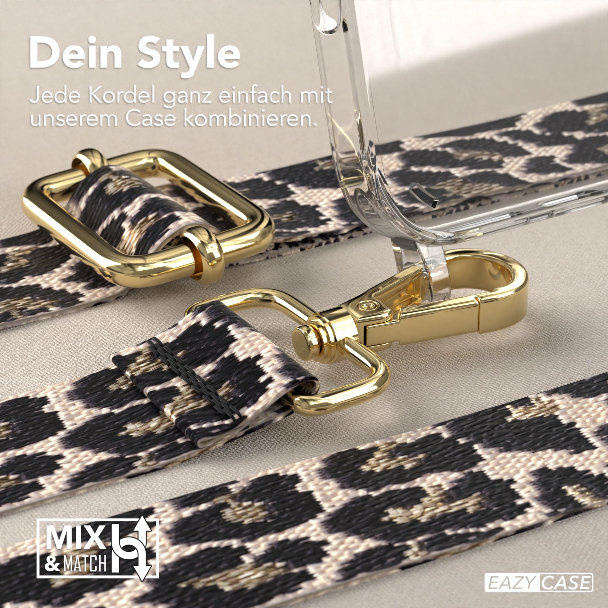 EAZY CASE Handykette - Verstellbares Taschenband kompatibel mit iPhone 16 Pro Max, Schulterriemen, Handykordel mit Silikon Hülle, Umhängetasche, Leo - Schwarz Beige Gold