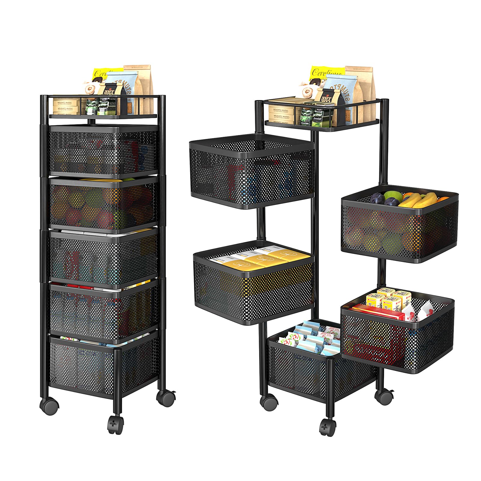 Rotating Storage Rack for Kitchen, Vegetable and Fruit Storage Basket with Wheels, Standing Rolling Storage Cart, Fruit Vegetable Snack, Mobile Utility Cart for Bathroom, Living Room (5 Tier, Black)