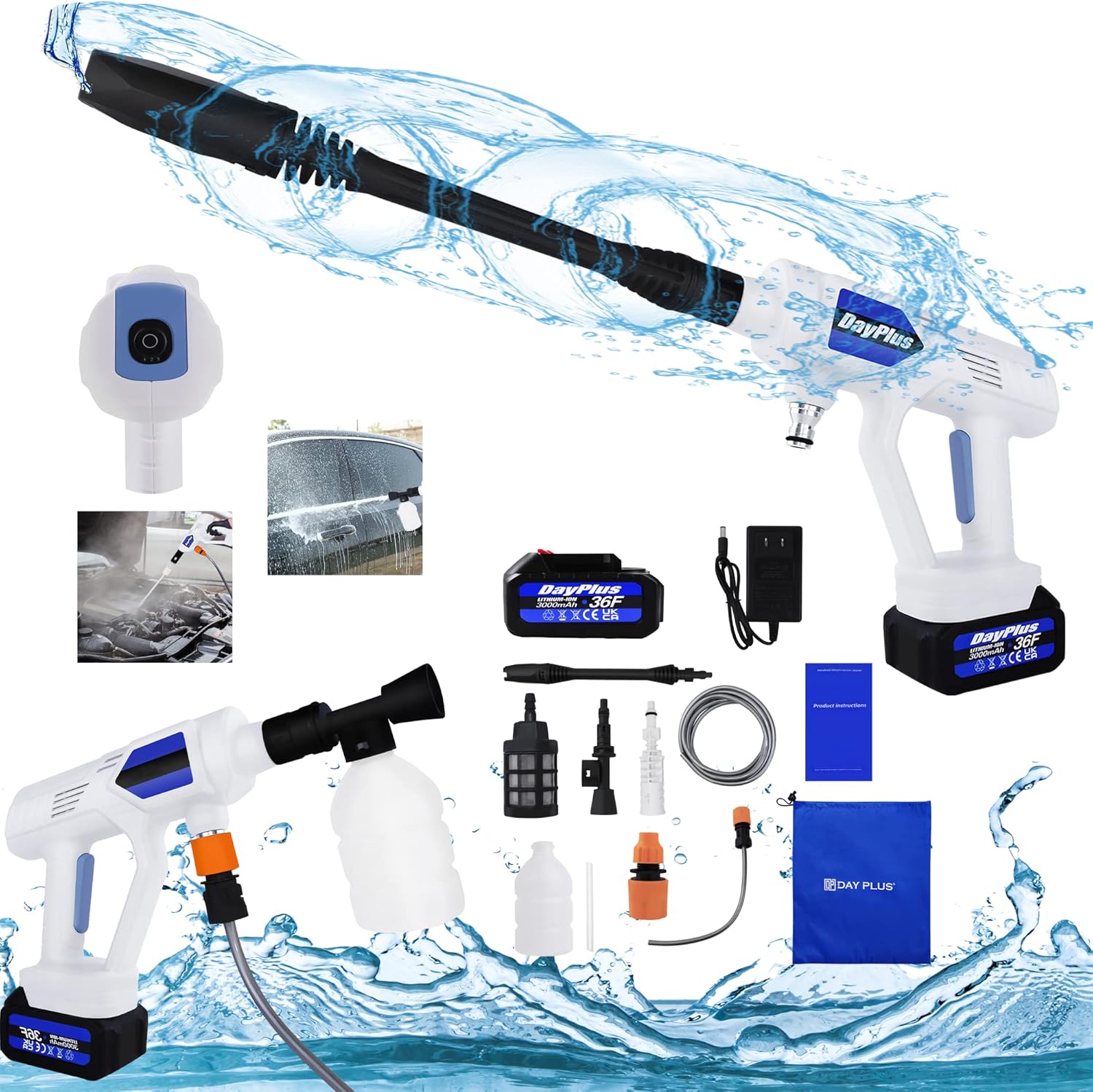 Powerful Wireless Pressure Washer Car Cleaning Water Gun Portable Jet Washing Machine with Foam Tank, 6-in-1 Nozzle | Three-Speed Regulation, 25000 RPM, 45 Bar, 270L/H (Upgraded Model w/ 1 Battery)