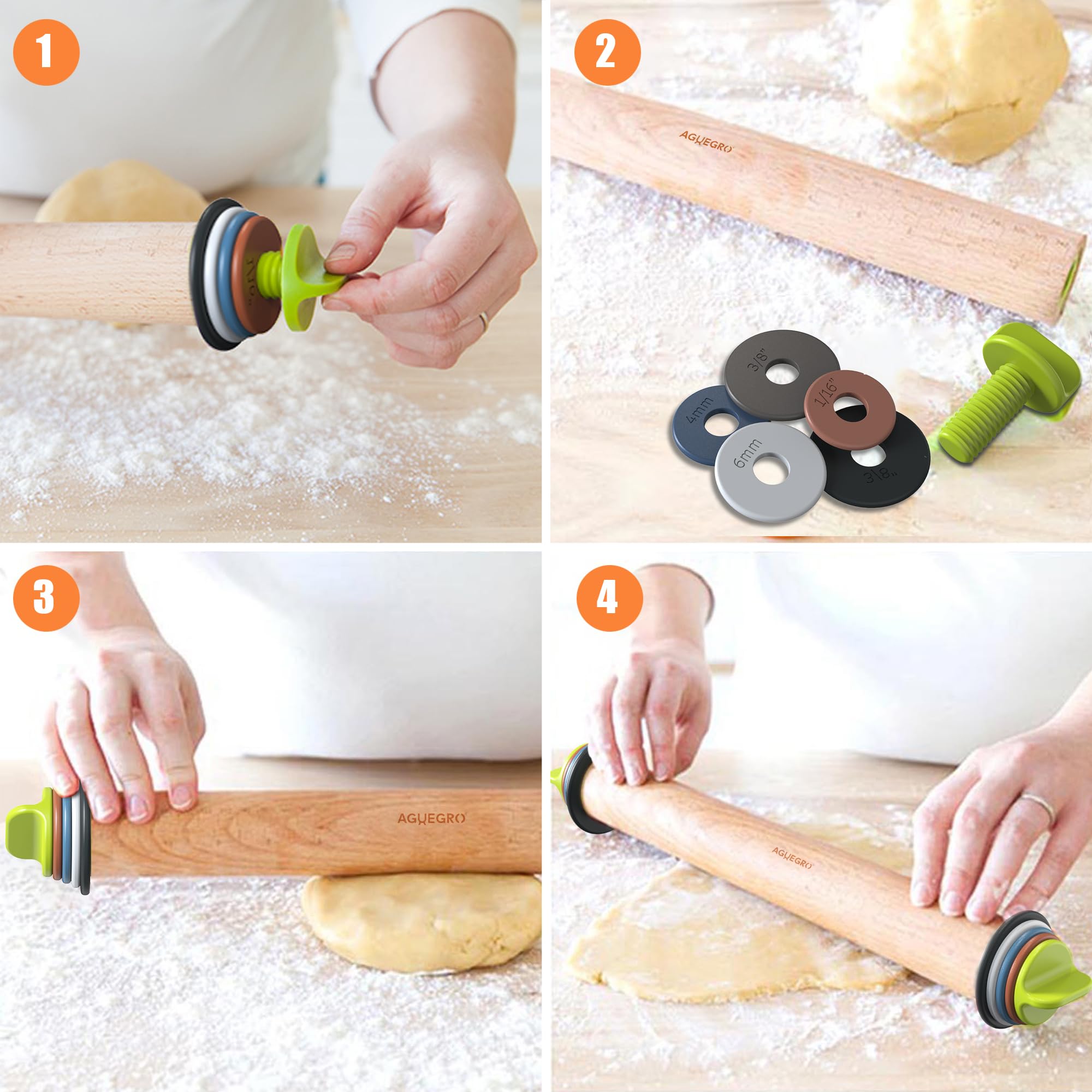 Rodillo con anillos de grosor ajustable y alfombrilla de repostería para hornear, fondant, pizza, pastel, galletas, pasteles, 13.6 pulgadas con 4 anillos de grosor multicolor y base de madera