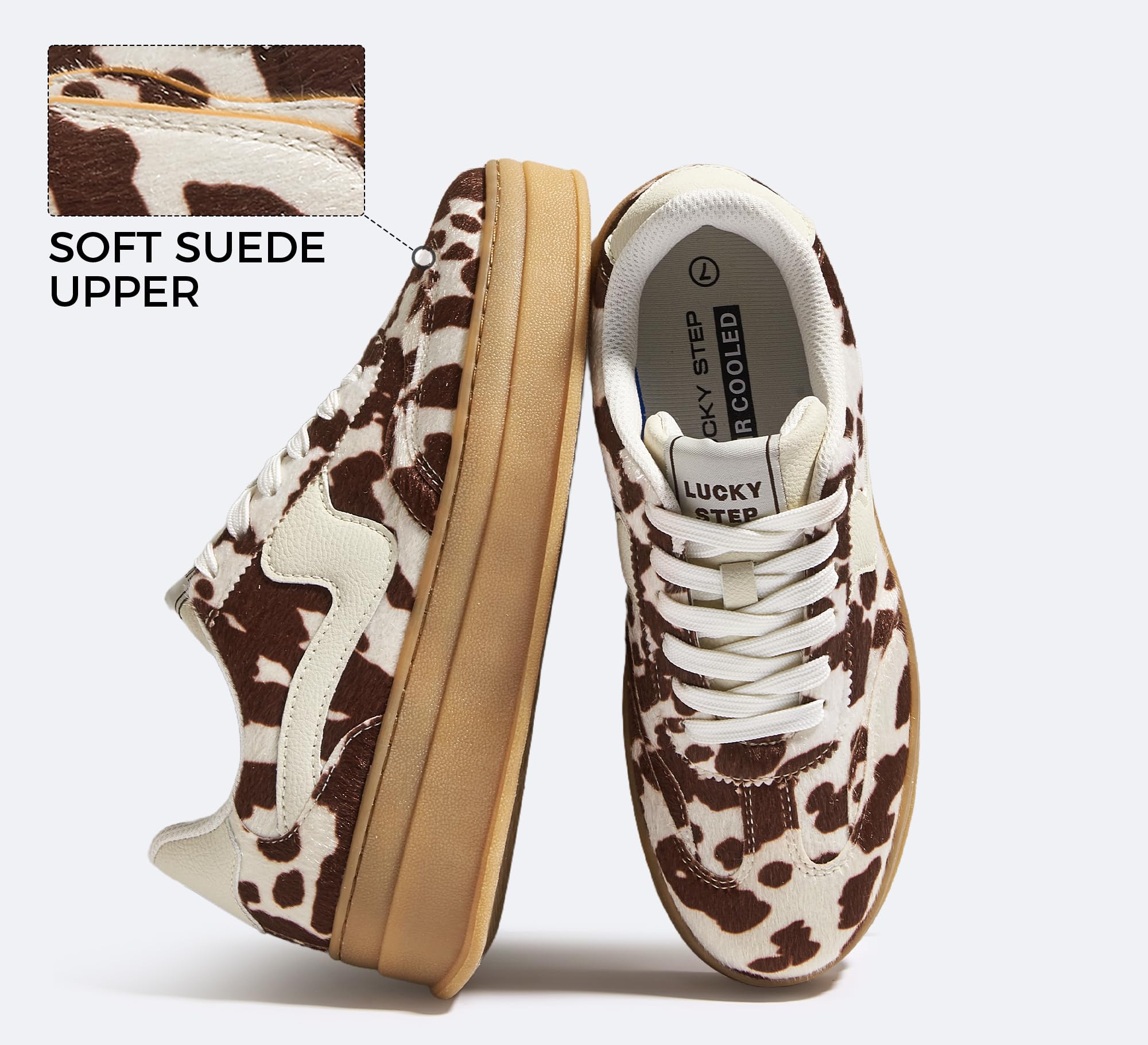 LUCKY STEP Women's Platform Fashion Sneakers Thick Sole Suede Genuine Leather Classic Rubber Gum Sole Low Top Casual Walking Shoes(Brown Cow Print,8 B(M) US)