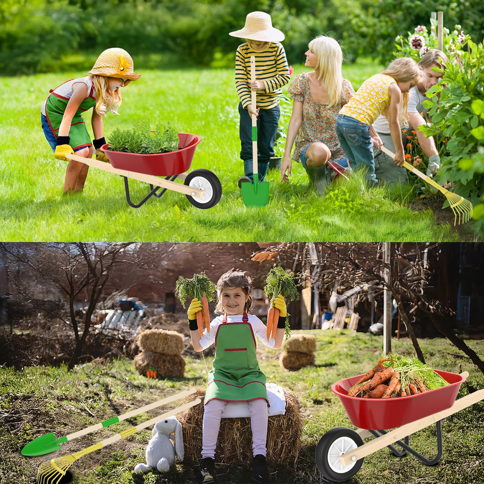 Qtioucp Brouette pour enfants avec outils de jardinage pour garçons et filles de 3 à 8 ans, avec pelle, râteau, râteau à feuilles, cadeaux d'anniversaire de Pâques