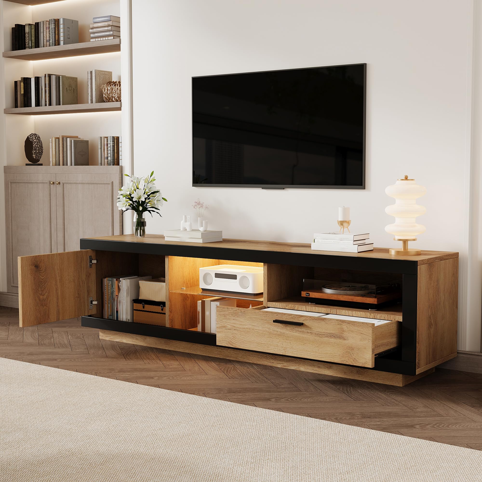 Commode TV avec éclairage LED Portes tiroirs étagères Ouvertes lowboard pour téléviseurs Jusqu’à 70 Pouces Meuble TV pour Salon Chambre à Coucher Meuble TV Table TV Noir + chêne