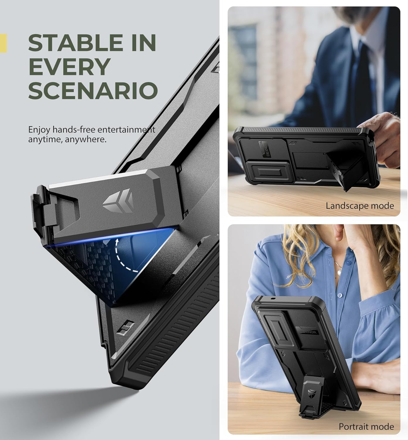 Images showing the Dexnor case with its kickstand deployed in both landscape and portrait modes for hands-free viewing.