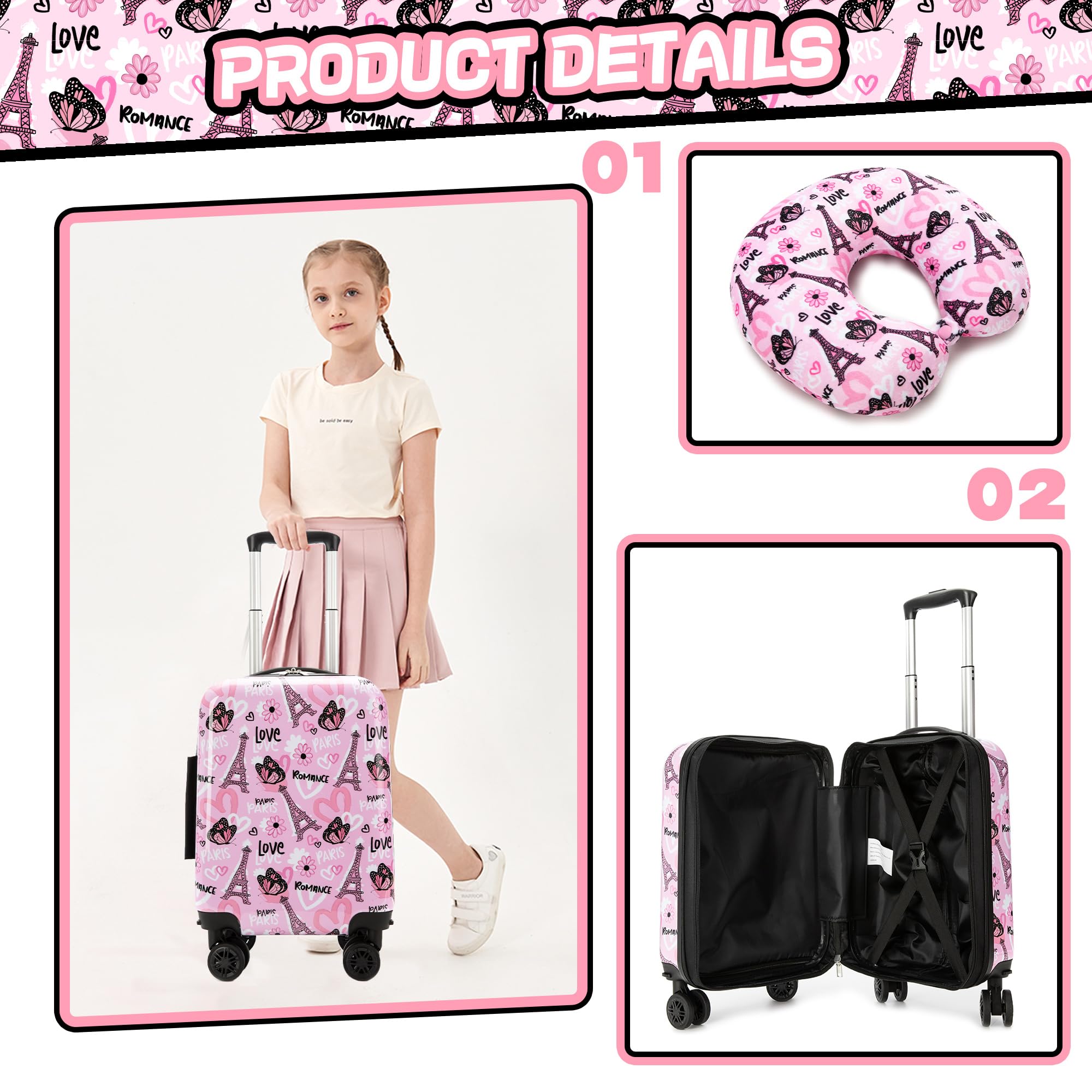 HTgroce 3 teiliges Kinderkoffer, Kindertrolley mit Reisetasche Kinder Mädchen, Nackenkissen & Gepäckanhänger, Kindergepäck mit Rollen, Handgepäck Reisekoffer Hartschalenkoffer für Mädchen