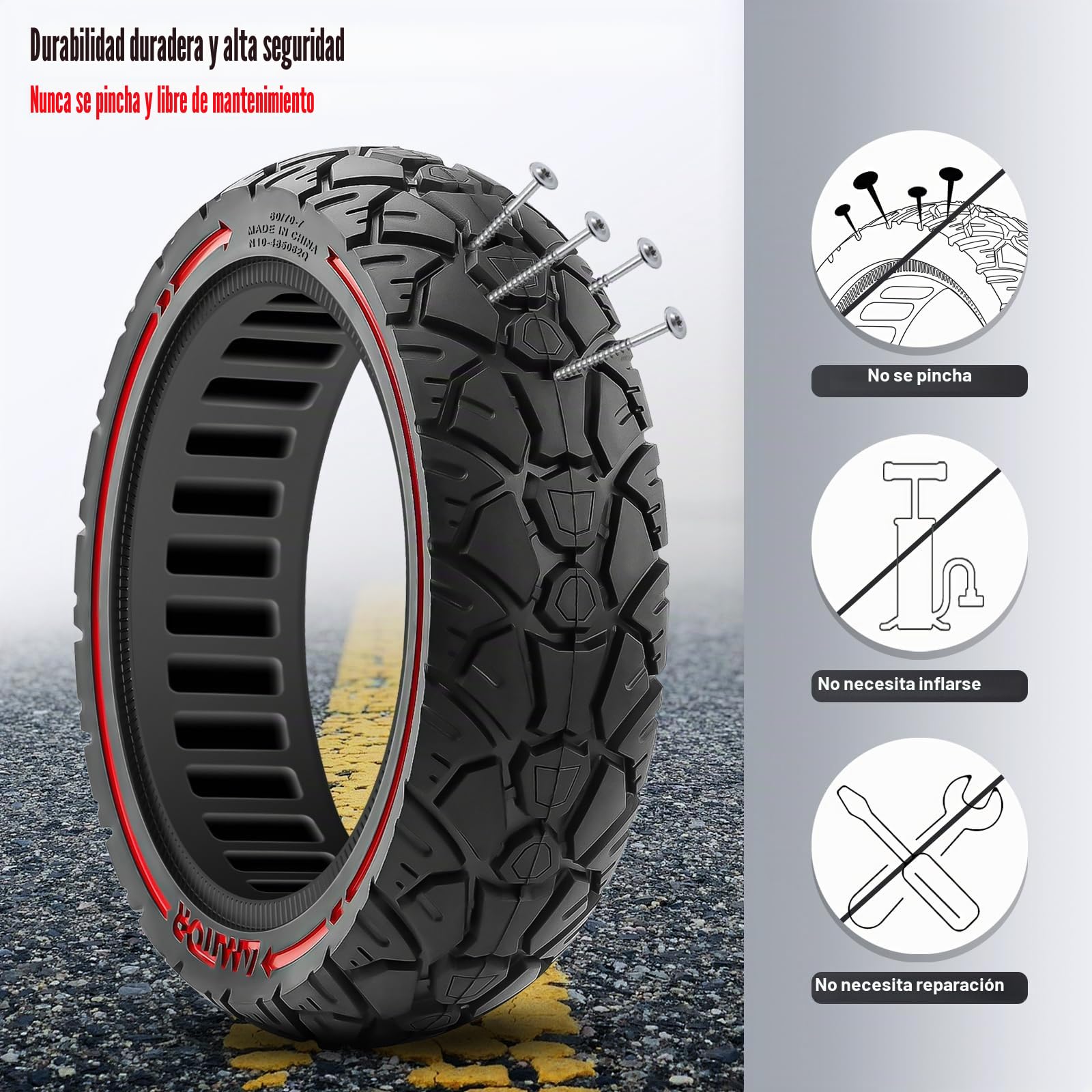 Ruedas Macizas para Xiaomi 4 Pro Patinete, Rueda Antipinchazos Patinete 60/70-7.0, Rueda Maciza 10 Pulgadas Antidesgaste, Neumáticos Macizo de Repuesto Patinete (Ranura 48.5), 1PCS