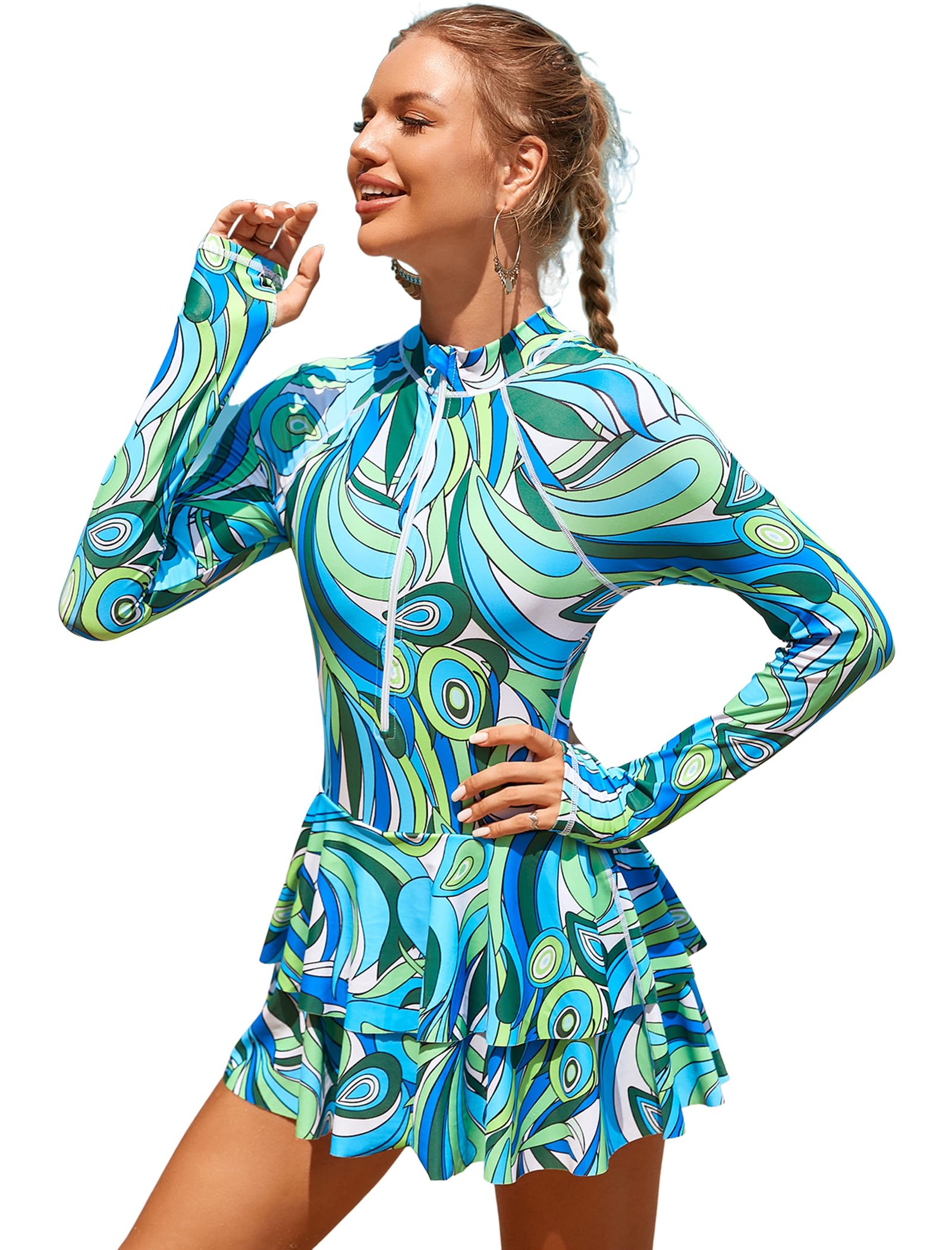 IDOPIP Costume da bagno intero da donna, con stampa a maniche lunghe, con protezione UV UPF 50+, con pantaloncini