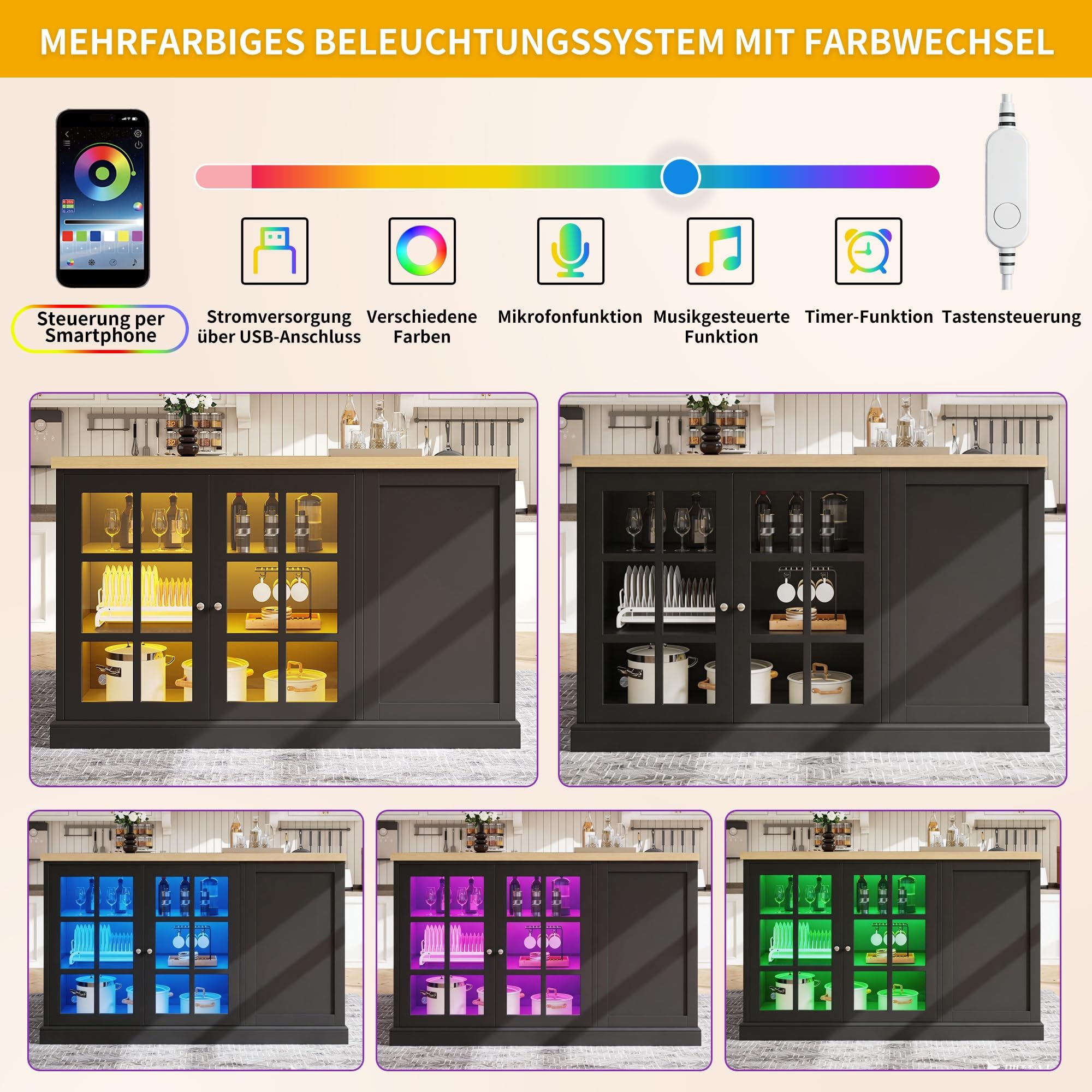 Klappbarer Bartisch Kücheninsel mit Smart LED Farblicht, Schräges Weinregal & Aufbewahrungsschublade, Platzsparend für kleine Wohnungen, USB-Betrieb