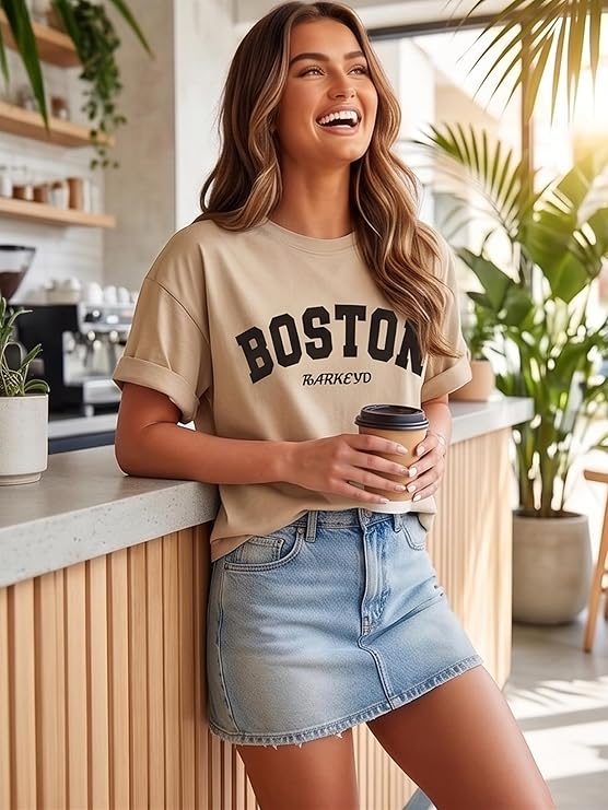 BARKEYO Womens Half Sleeve Oversized Round Neck Cottonblend T-Shirts for Woman (Boston-FT) Beige 5