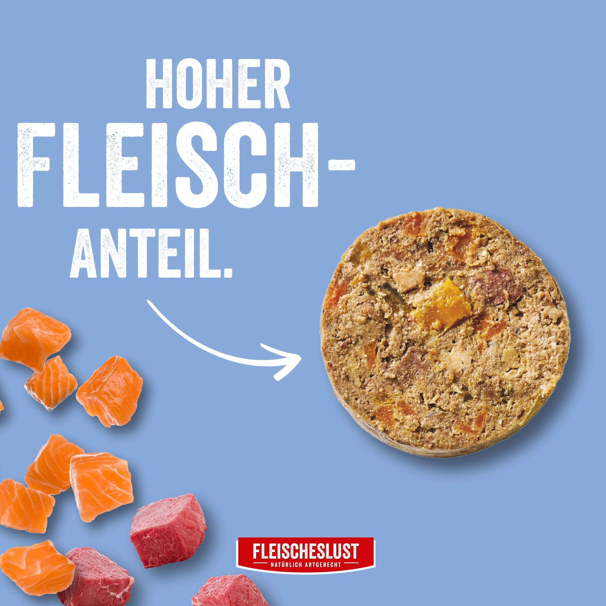 Fleischeslust Salchicha para perros, salmón y ternera con zanahoria, calabaza y espirulina, caja de alimentos (6 x 800 g), comida húmeda, resistente a los cortes, sin cereales, pienso completo para