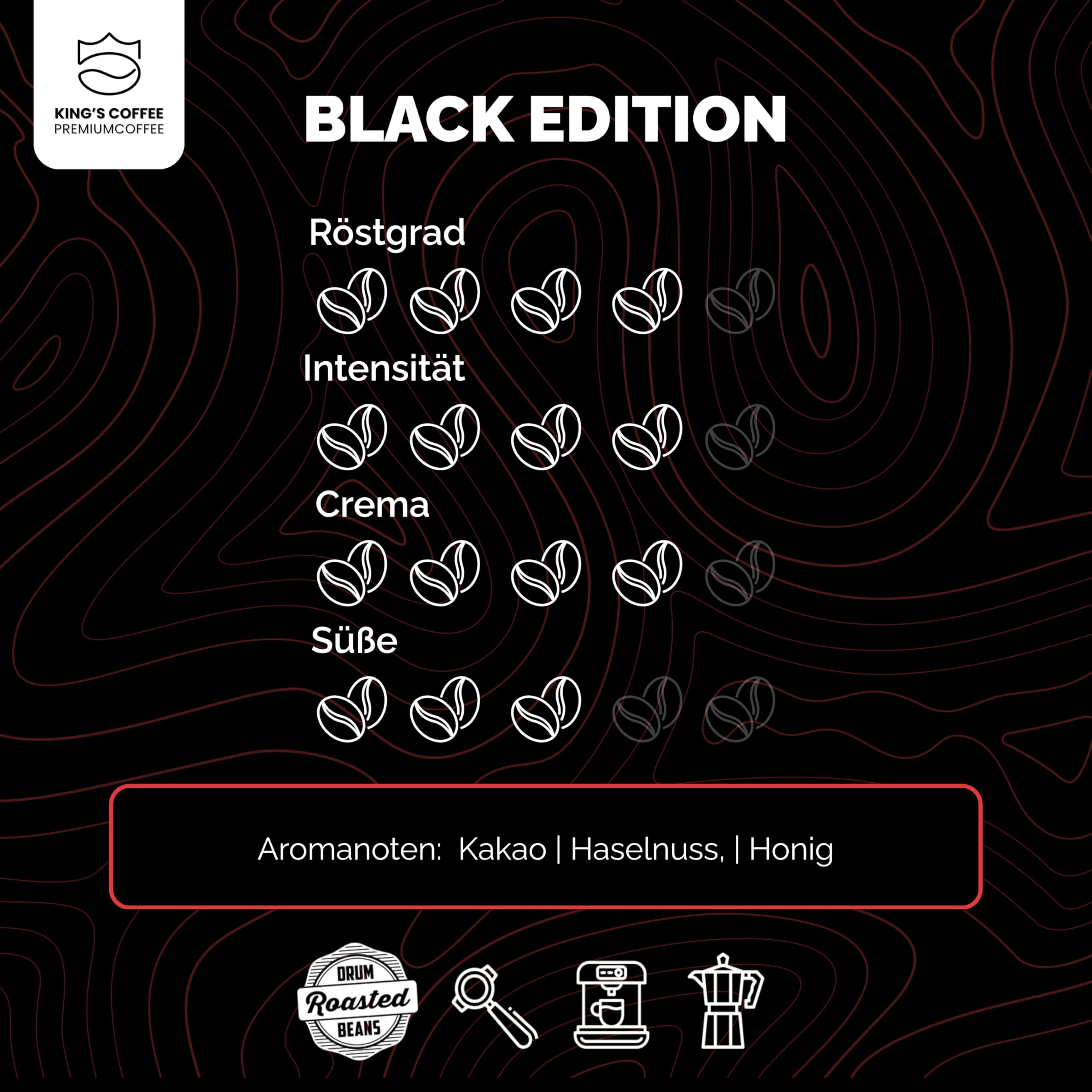 KING'S COFFEE - BLACK EDITION - 1kg Kaffeebohnen Crema Intense - säurearmer Kaffee - kleine Chargen-Röstung aus Italien - kräftige Arabica Espresso Bohnen (Blend) für Vollautomaten & Siebträger