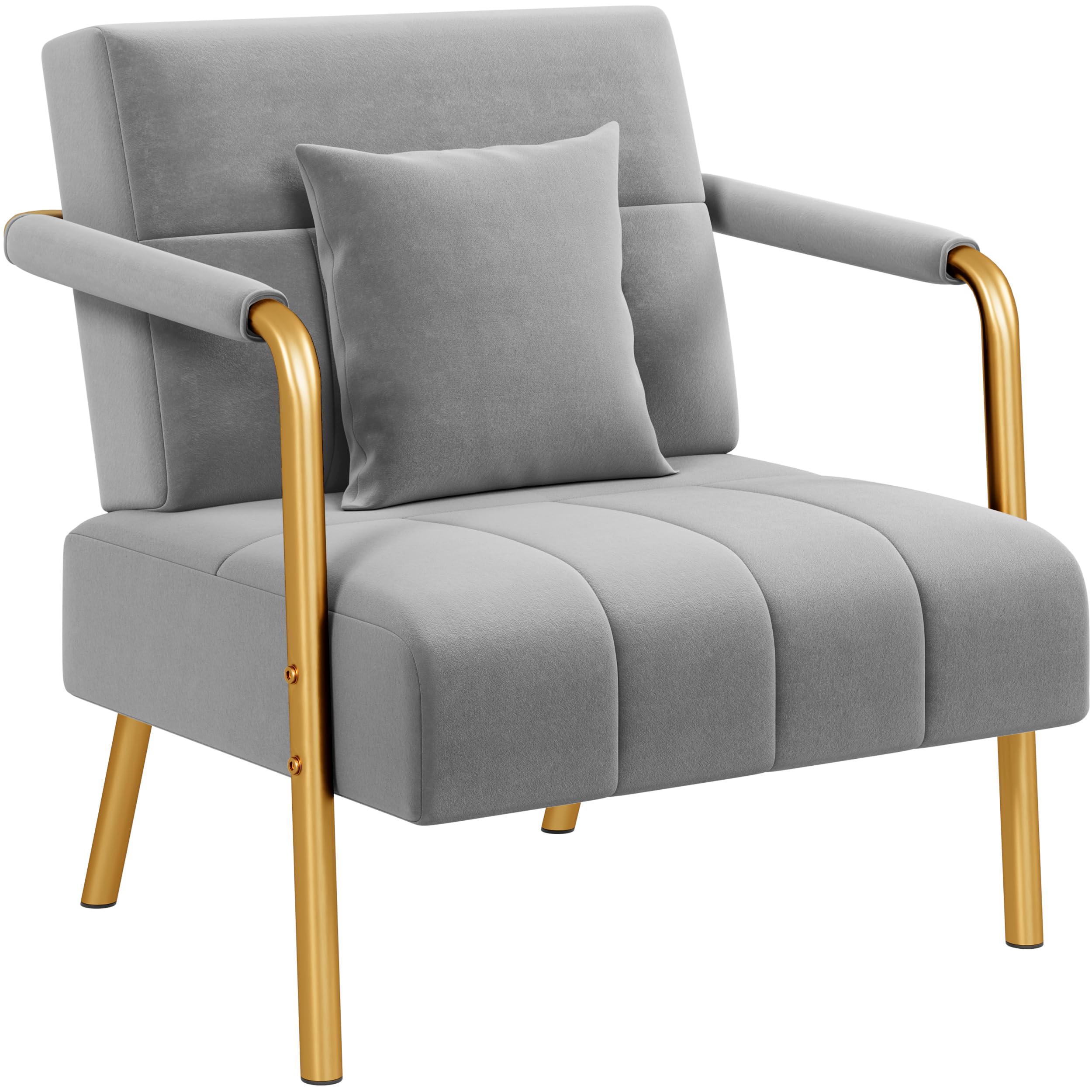 Yaheetech 1 Seater Modern Sofa Velvet Accent Armchair with Gold-tone Metal Arms and Legs for Bedroom, Home Office, Studio, Living Room Furniture Light Gray — image 1