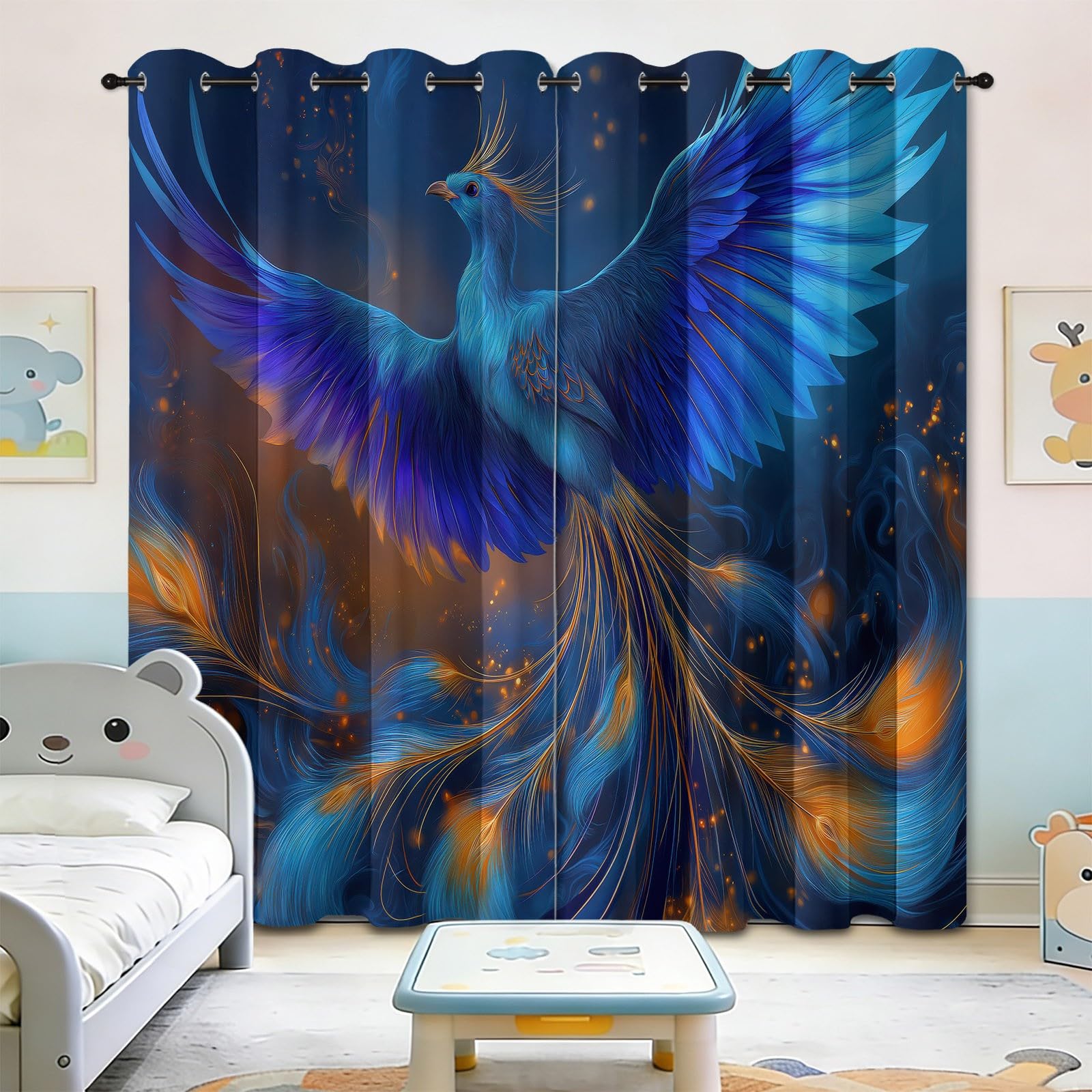 Dreamy Zasłony zaciemniające do sypialni, 140 cm szer. x 175 cm wys. (2 panele) Forest Phoenix Gold foliowe, izolacja termiczna, zasłony do pokoju dziecięcego, zasłony redukujące hałas, zasłony na