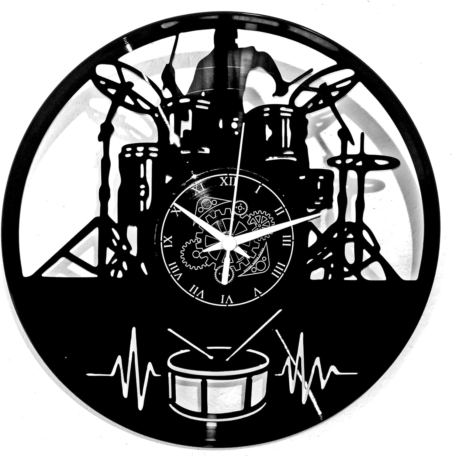 | Wall Clock | Music | Guitar | Keyboard | Drummer | Pop Rock Band | No Ticking, Vinyl, Black, ⌀12 inch