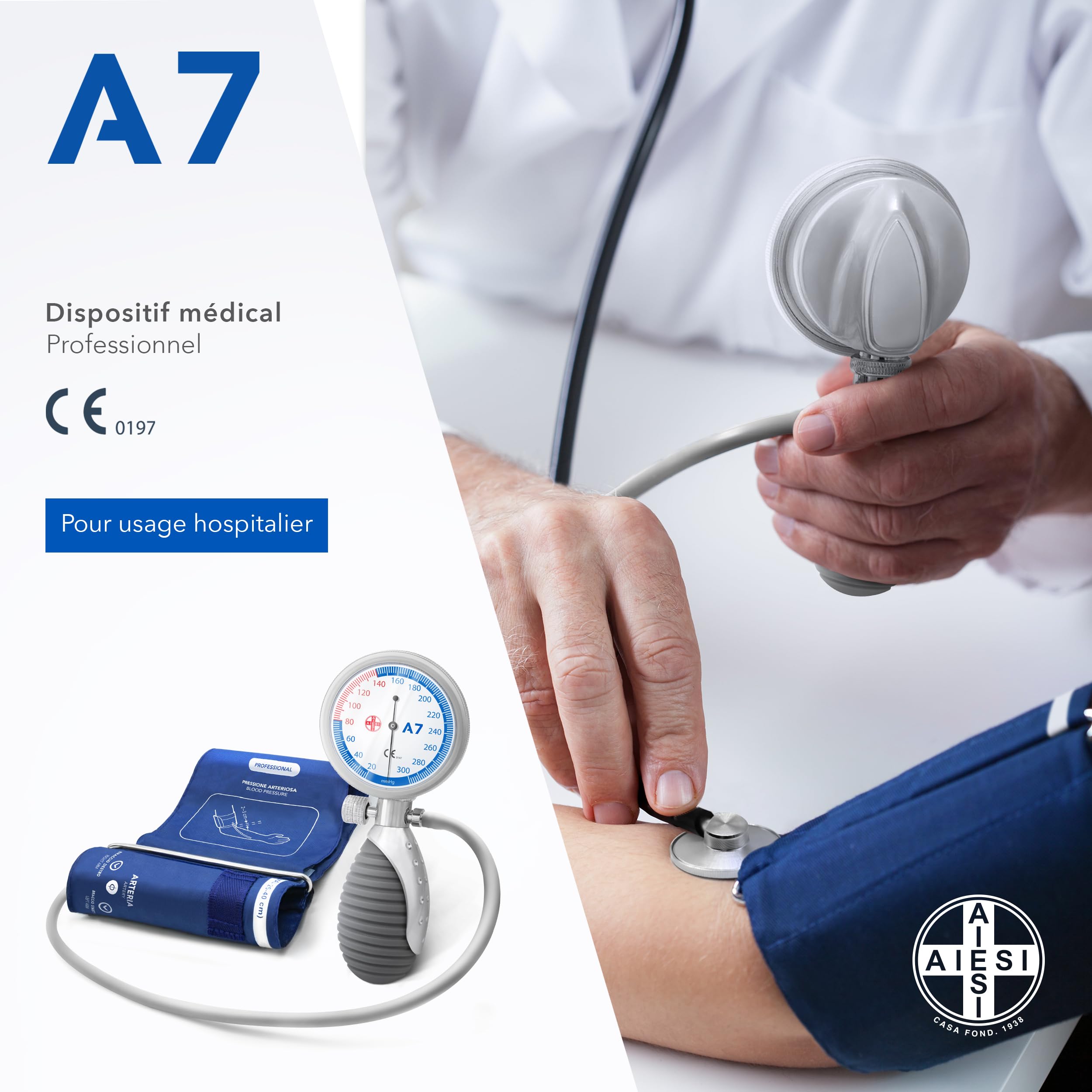 AIESI® Tensiomètre Manuel avec Stéthoscope Manomètre Mécanique sans mercure modèle A7, pour adultes, Garantie 24 mois