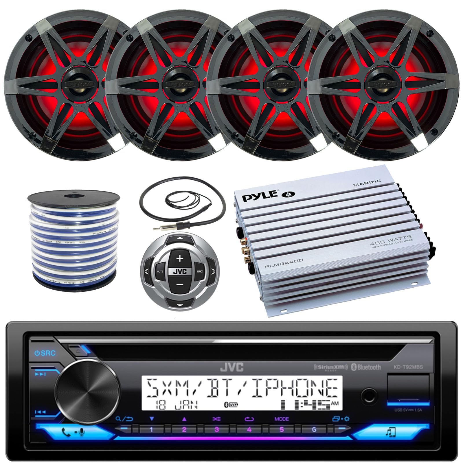 Single DIN Marine Stereo Receiver Bundle Combo with Remote Control, 4X Enrock 6.5" Marine RGB LED Speakers with Chrome Grilles, Pyle 4 Channel 400W Waterproof Amplifier, Antenna, Speaker Wire