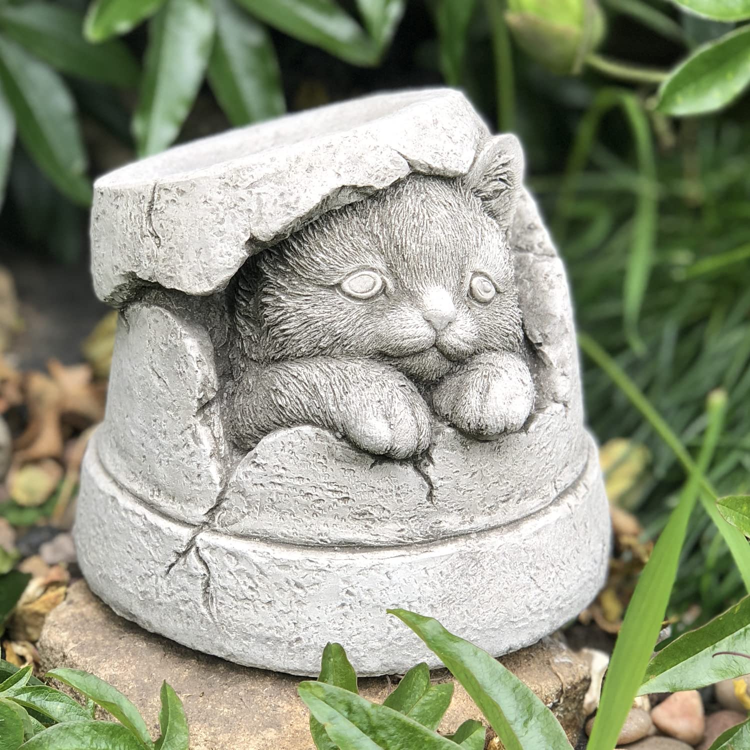 Garden Ornaments By Onefold Green, Grey Onefold Cat In Broken Plant Pot, Stone Garden Statue Ornament And Garden Sculpture