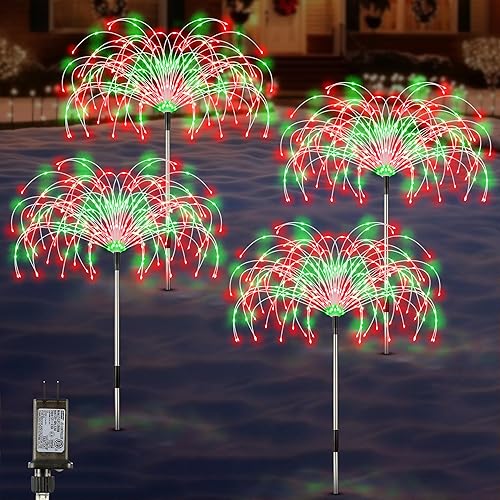 Miniatura 7 de Enhon - Juego de 4 luces de camino de Navidad con forma de fuegos artificiales, 1440 luces LED impermeables para jardín con 8 modos para decoración