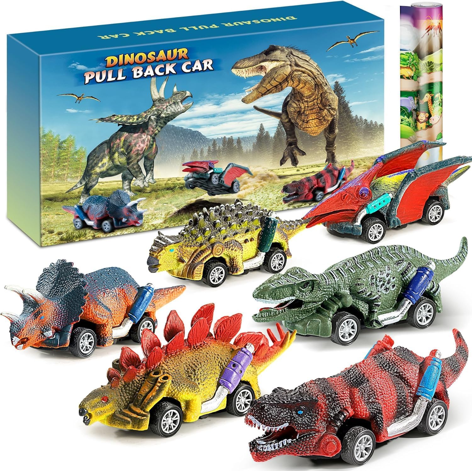 Jojoin Dinosauri Macchinine Giocattolo per Bambini - 6 Pezzi Dinosauro Giocattolo Tirare Indietro Auto con Tappetino attività - Regalo per Bambini 2 3 4 5 6 Anni Ragazzo e Ragazza - Pasqua Regalo