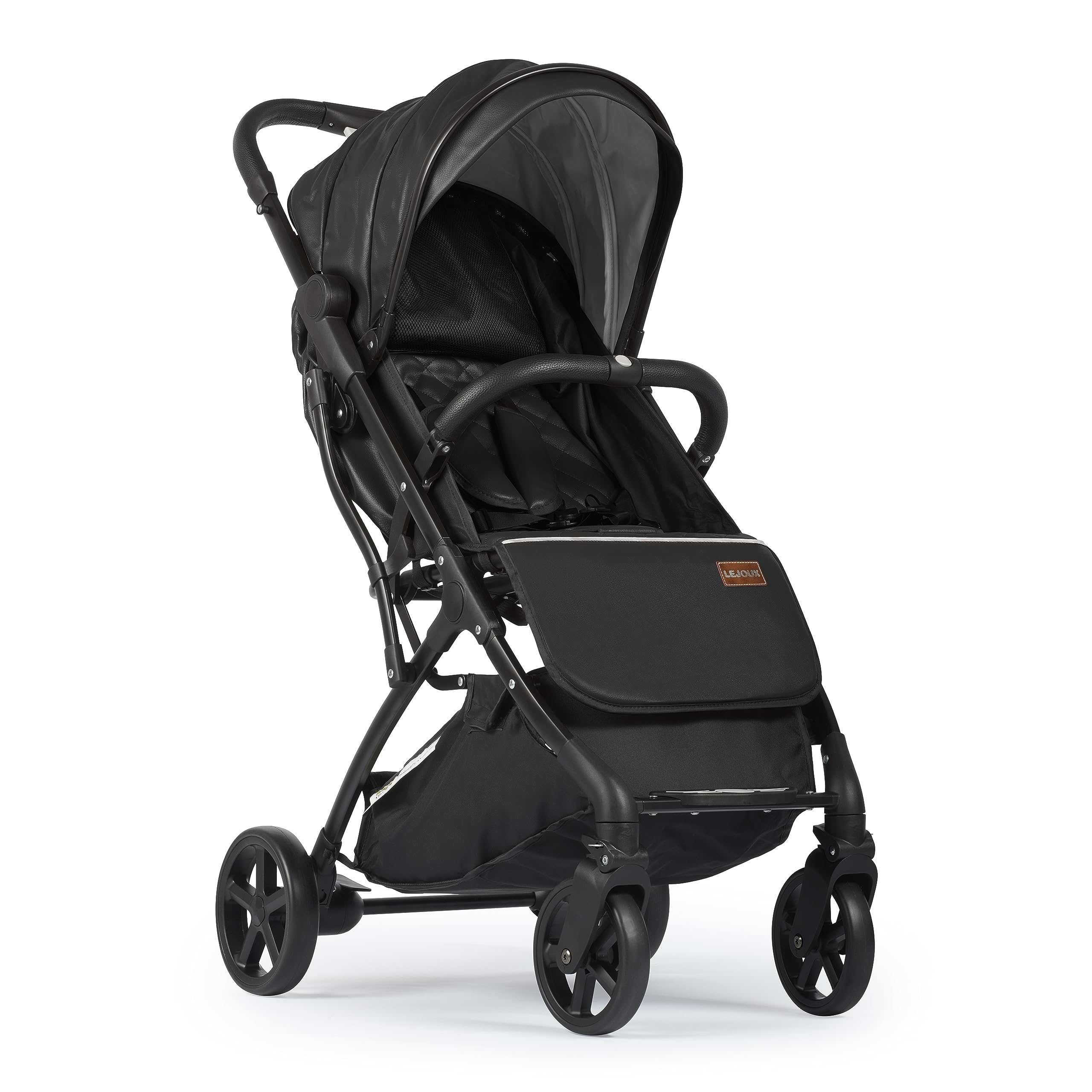 Lejoux Poussette bébé – Poussette de voyage légère pliable harnais 5 points, dossier de siège réglable et panier surdimensionné pliable 1 main – Roues pivotantes lisses Housse de pluie en cuir noir