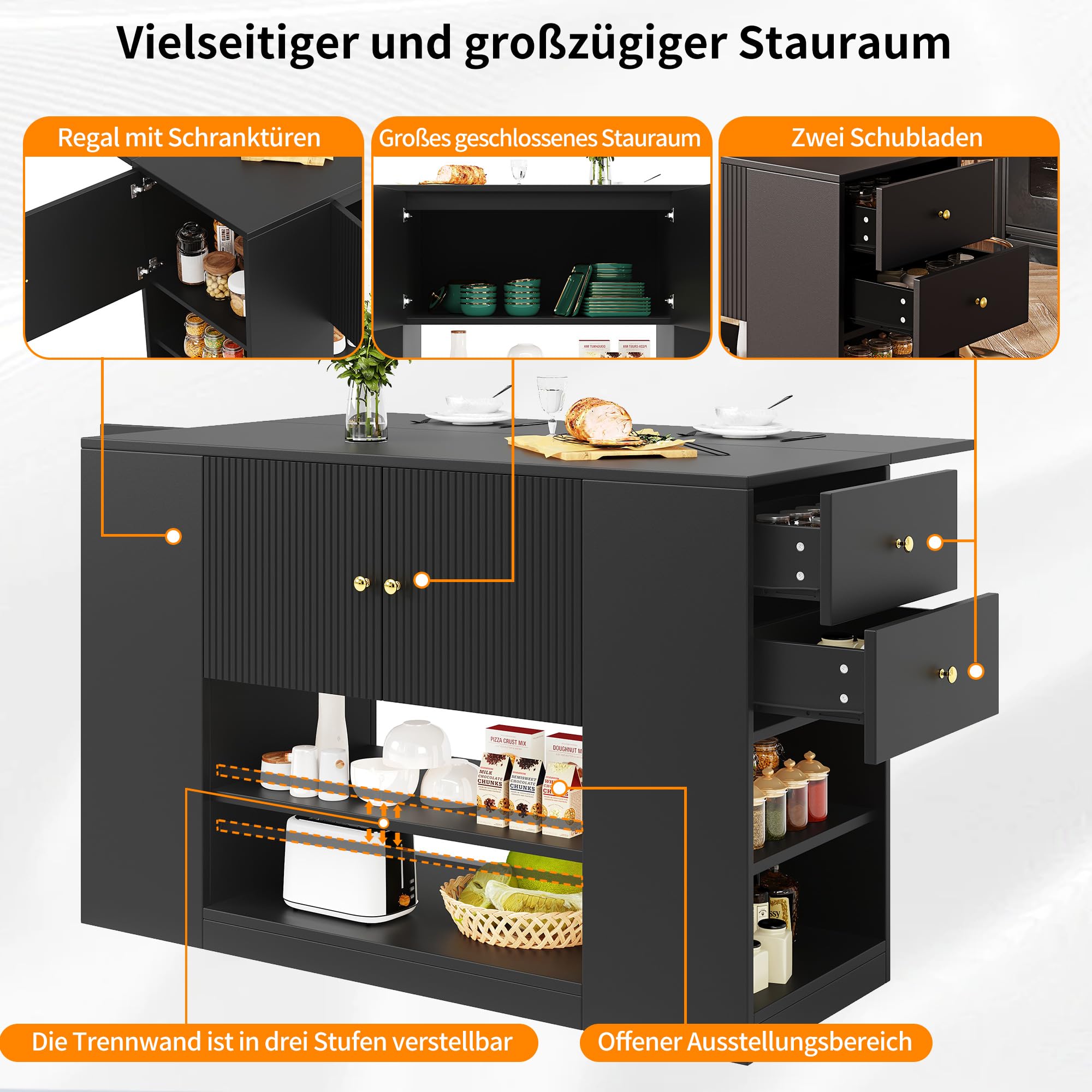 Isola della Cucina Indipendente con Piano di Lavoro Pieghevole, Armadio con Cassetti e Ripiani, Armadietto a Buffet, Tavolo da Pranzo per Sala da Pranzo, Colore Nero, 140 x
