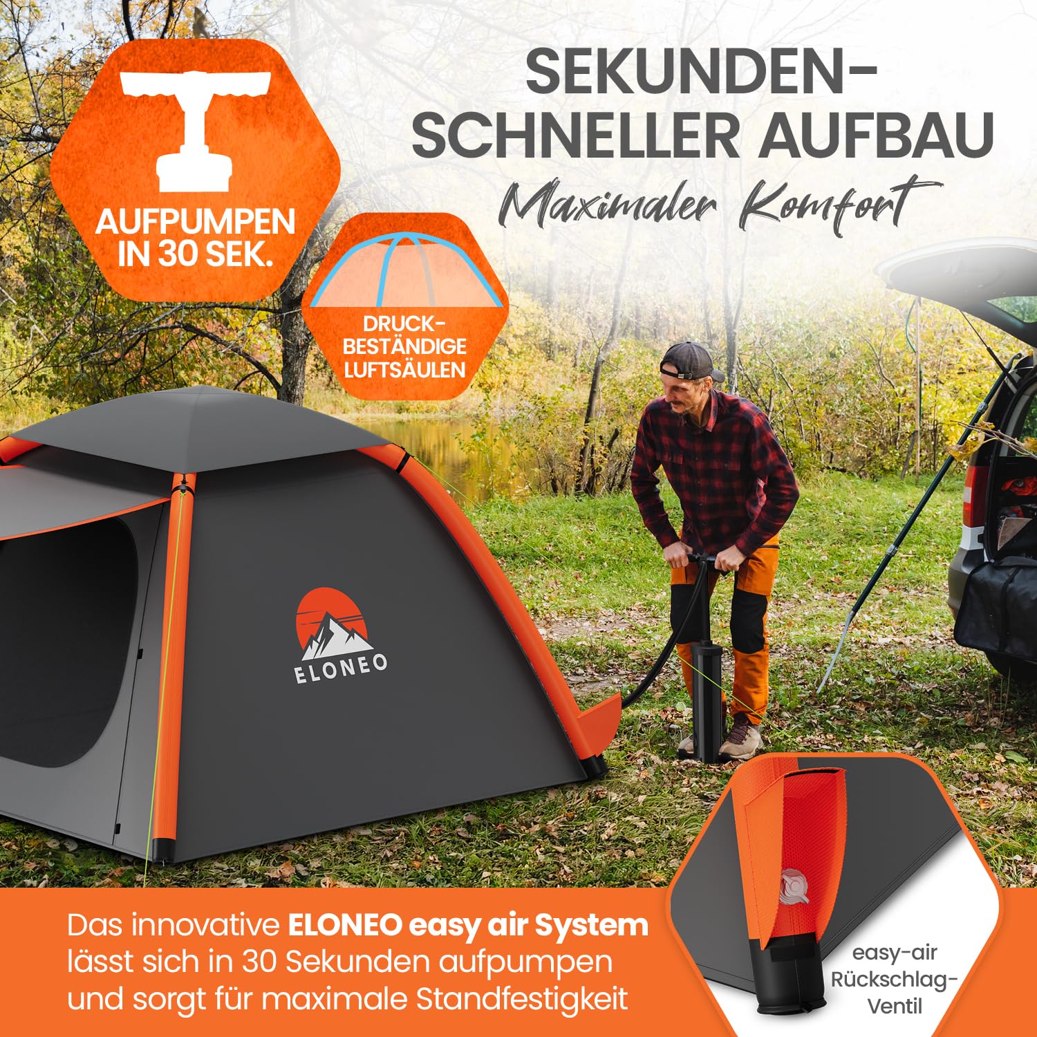 ELONEO aufblasbares Zelt für 1-4 Personen mit Vordach & Luftpumpe, Camping Zelt wasserdicht, Luftzelt Ultraleicht, Inflatable Tent, Glamping Zelt mit gratis LED Licht