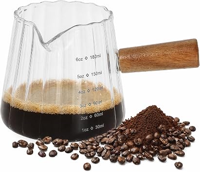 Kichvoe Glass Coffee Pourer 6oz with Wooden Handle, Espresso Measuring Cup