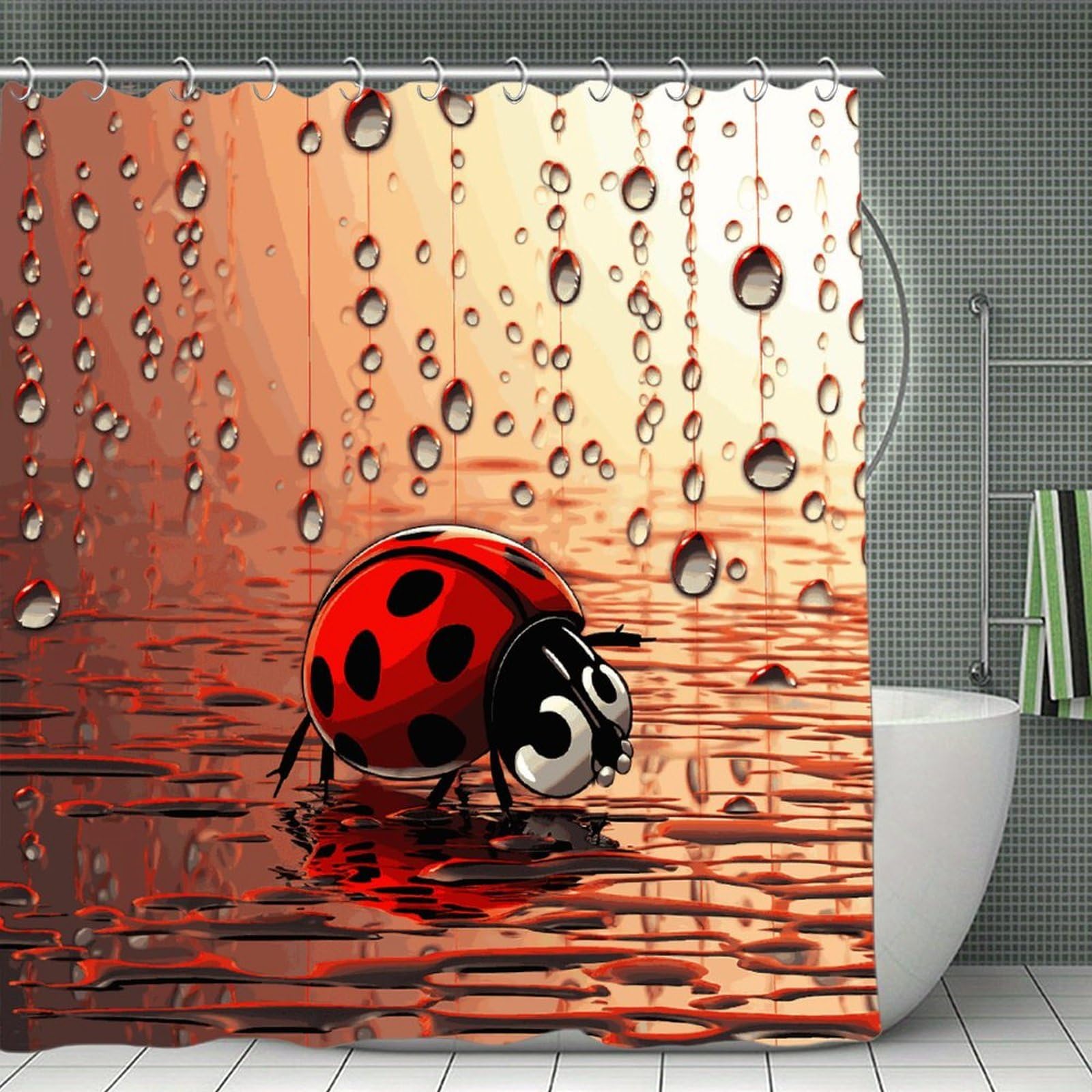 VstaDank Art Ladybug Tracks Shower Curtain 71x71 Heavy Duty Polyester Cloth Bath Curtain with Hooks Thick Waterproof Shower Liner Fun Magic Decorative Bathroom Curtains for Bathtub