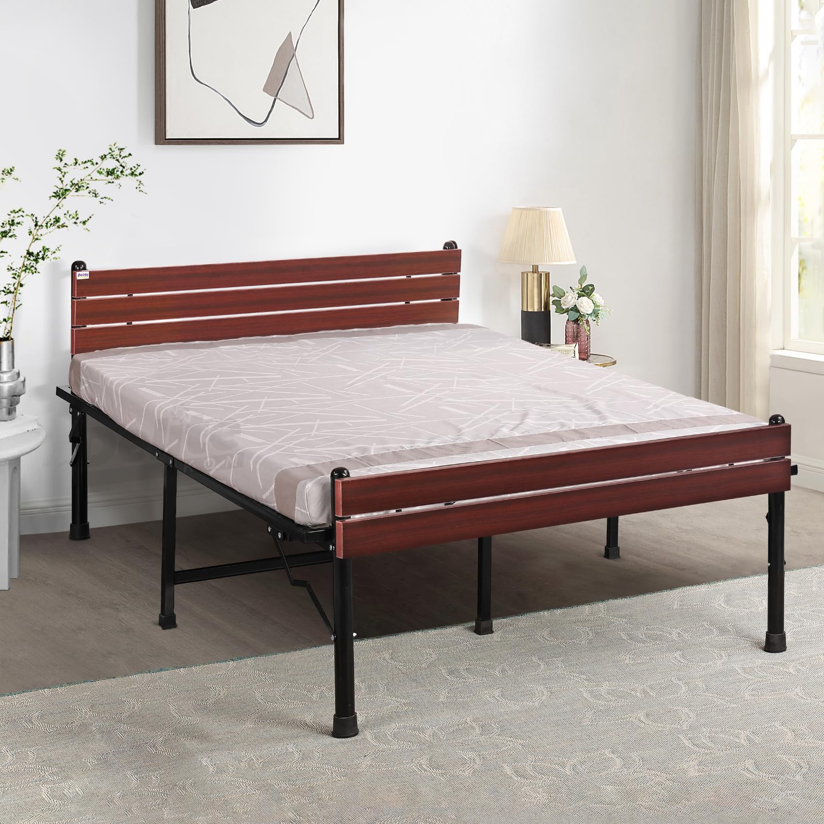 Delite Kom Astra Foldable Double Size Metal Bed (6.71ft x 4ft) | Engineered Wood Headboard | No Assembly | Powder-Coated Strong Steel Frame | Fits 75"x48" Mattress | Black & Mahogany | 1 Year Warranty-image-32