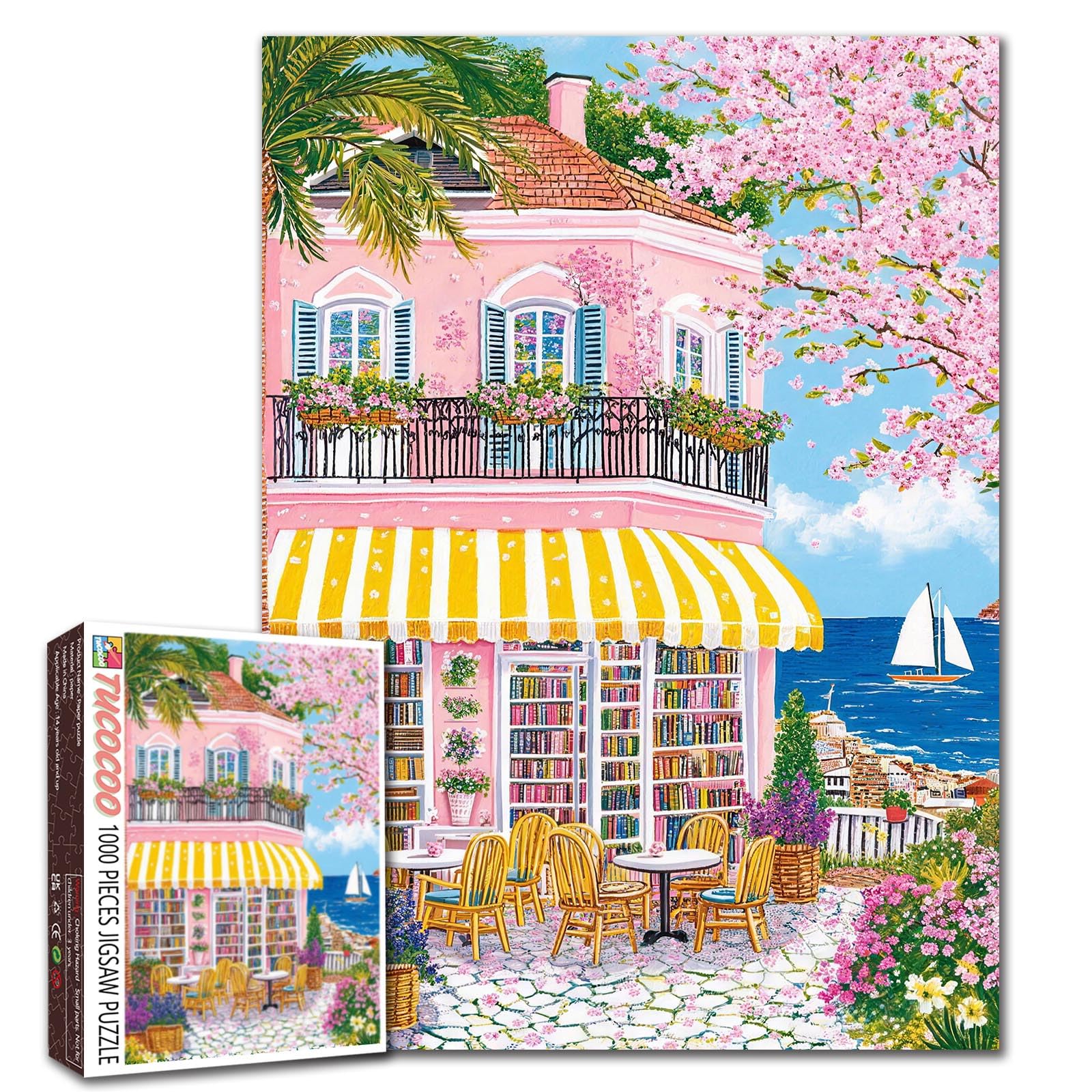 Cherry blossom Jigsaw Puzzles for Adults 1000 Pieces Bookstore Scene DIY Puzzles for Family Activity Games Coastal village Art Jigsaw Puzzles Home Wall Decor Craft Gifts 19.7 x 27.6 Inch