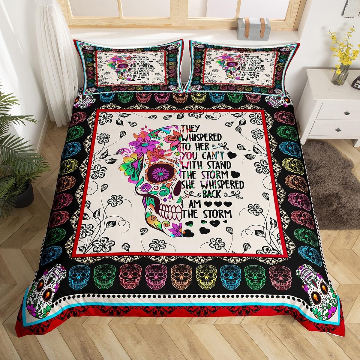 Bohemian Comforter Cover, Sugar Skull Flower Bedding Sets, Skeleton Floral Duvet Cover Set, With Inspirational Quote Pastoral Bedspreads Cover King Size 3 Pieces Bedroom Home Decor For Men And Women