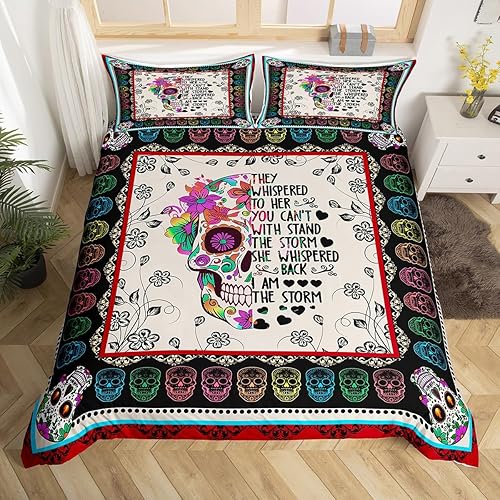 Funda de edredón bohemia, juego de ropa de cama de flores de calavera de azúcar, juego de funda de edredón floral de esqueleto, con cita