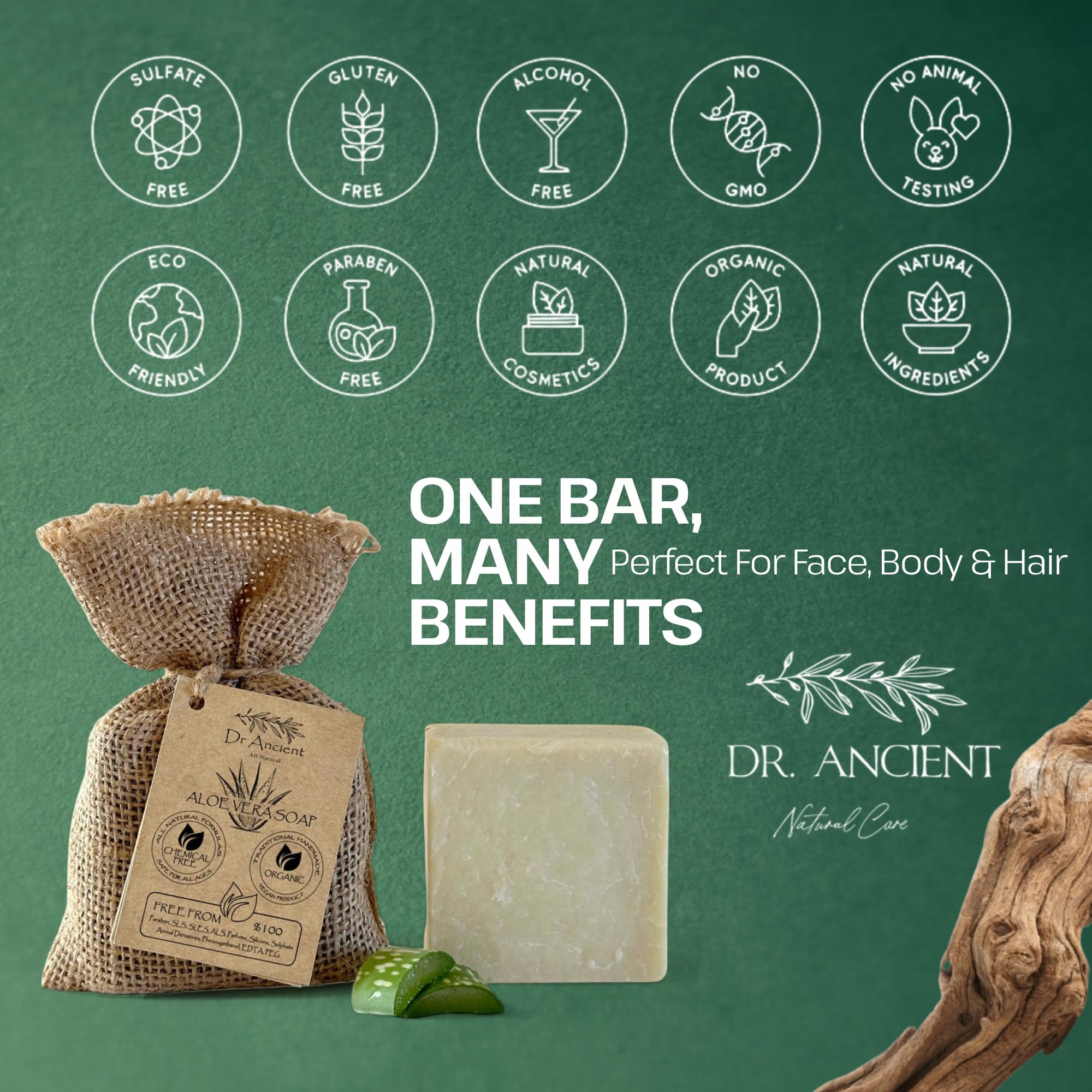 Dr.Ancient Aloe Vera Soap Bar, Organic Soap Bars Handcrafted the Traditional Way, Natural Chemical-Free, Vegan, Used for Face Wash, Body Wash, Hand Cleansing and Skin Care