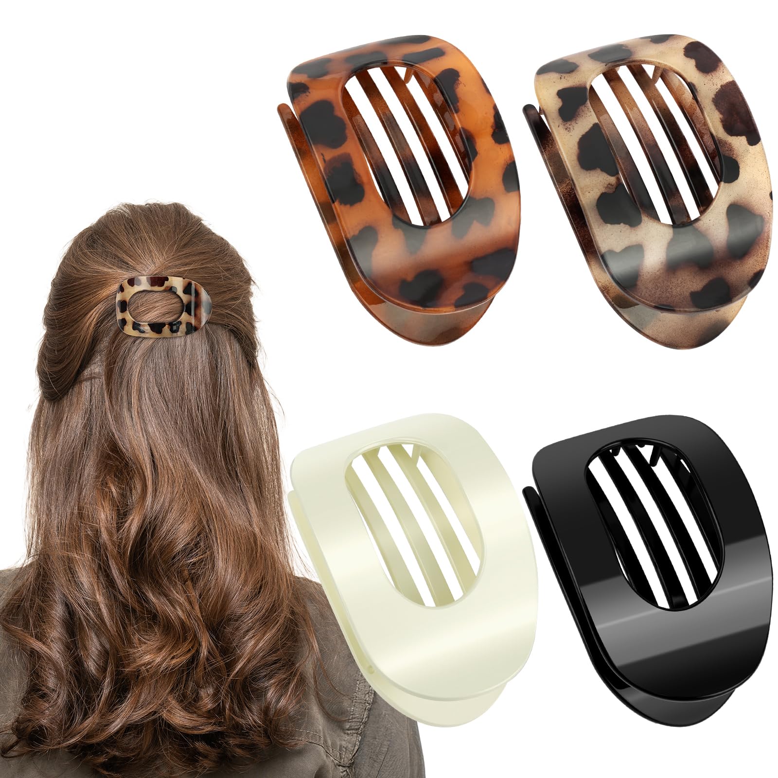 LOPHE Flache Haarspangen, 4 Stück Flat Claw Clip Entenschnabel Haarspange Dünnes Haar, Flache Haarklammern Haarklammer Gebogenes für Mädchen Frauen (Oval A02)