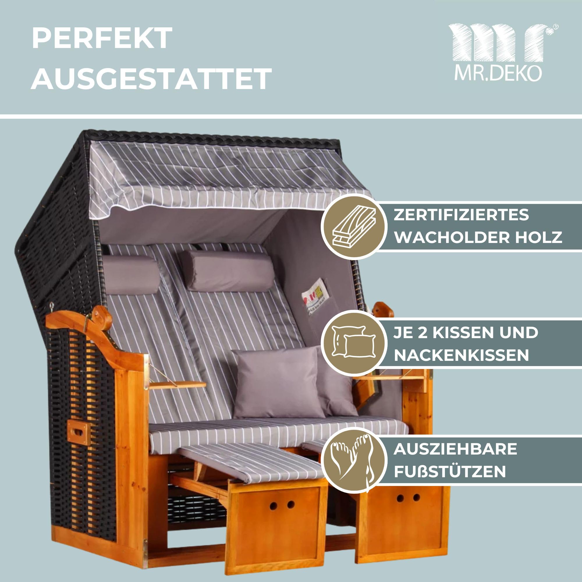MR. DEKO Chaise de Plage en polyéthylène tressé avec 4 Coussins de Plage et 4 Coussins en Bois Dur et rotin synthétique pour Jardin, terrasse Motif Royal Gris.