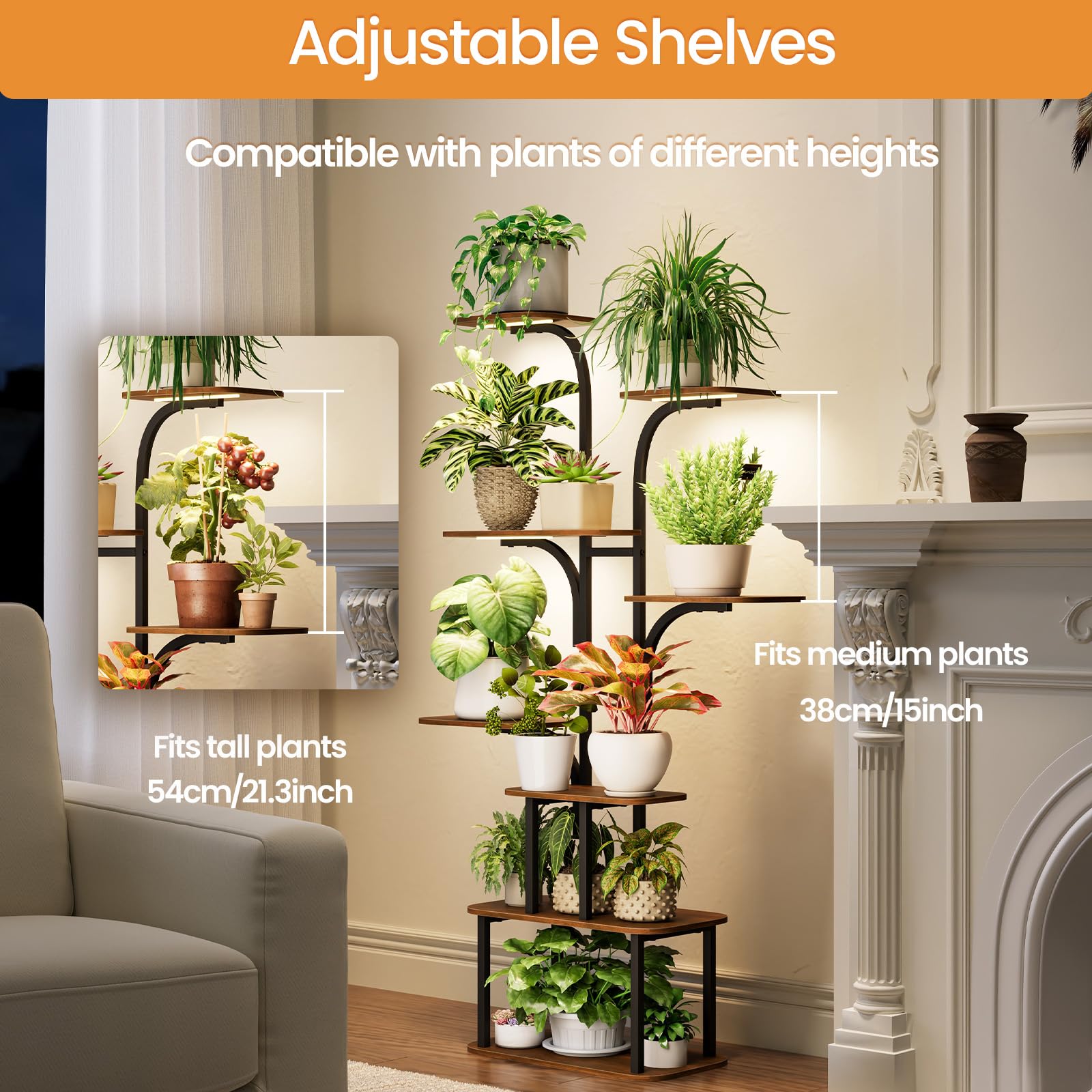 GoTiling Pflanzenregal Indoor mit LED Grow Light, 160cm Hoch 8 Etagen Blumenregal Metall & Holz, Mehrstöckiger Pflanzenständer für Wohnzimmer, Balkon, Fensterbank, Blumentöpfe & Kräuter