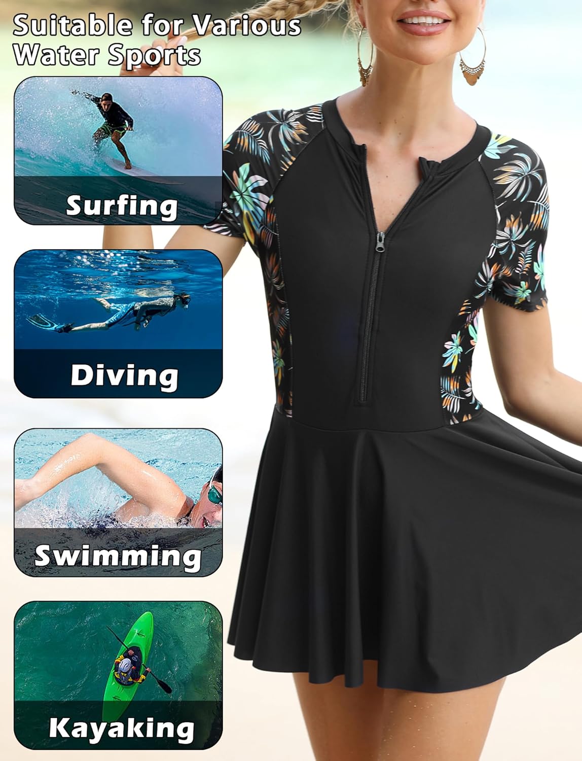 FEOYA Women's Short Sleeve Swimsuits Swim Dress 50+ UPF Rash Guard Modest One Piece Swimwear with Skirt Bathing Suit - Image 5