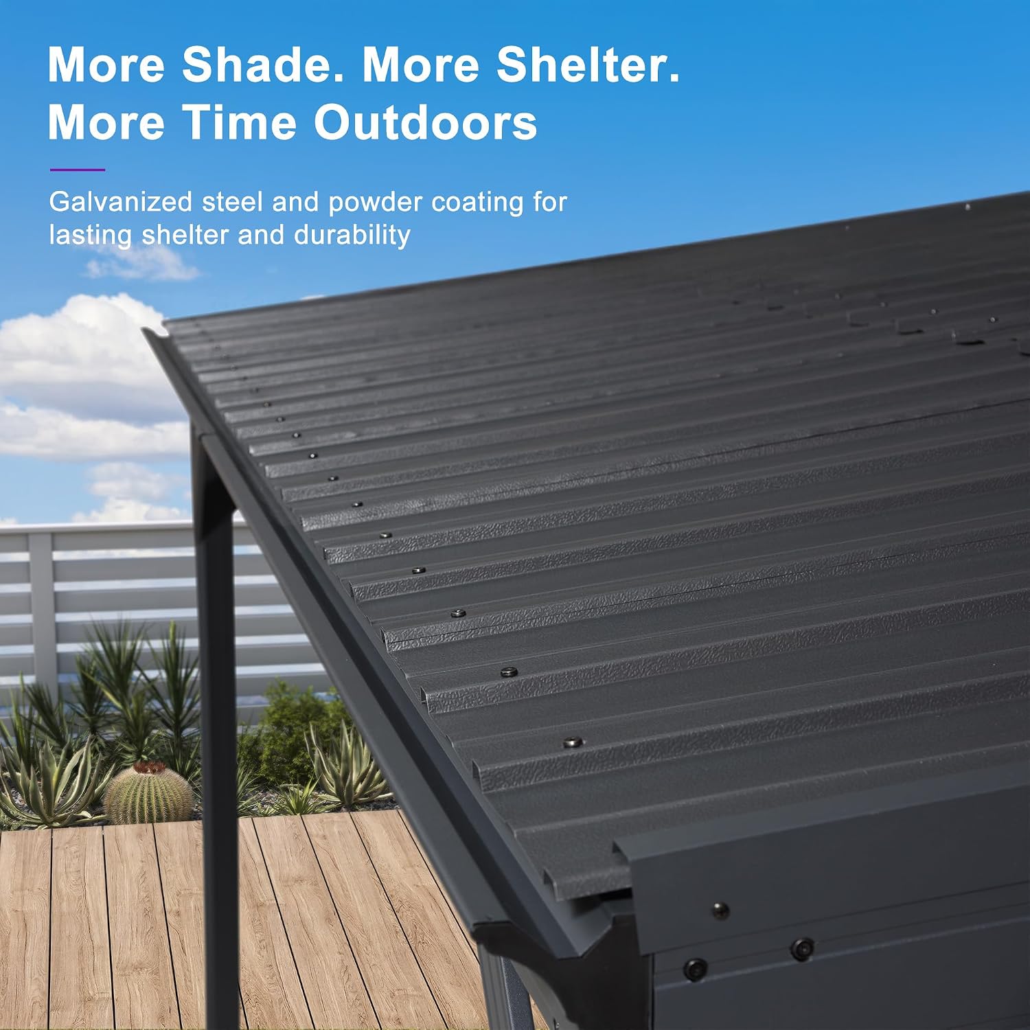 Close-up of the galvanized steel roof and gutter system of the gazebo