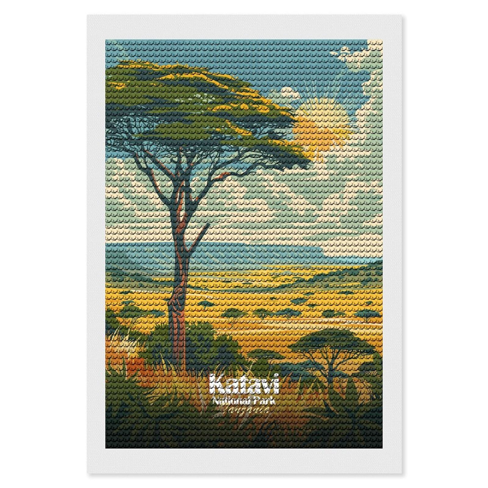 Junmoney Katavi National Park, Tanzania Illustration Diamond Painting Canvas Kit 8"x12", Adhesive Canvas, Christmas Gift, Full Kit Included, Thoughtful Present