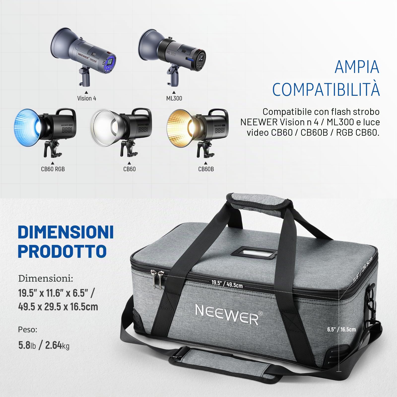 NEEWER Borsa Trasporto con Imbottitura Schiuma Mobile per Studio Light Q300 Vision 4 ML300 CB60B RGB CB60 MS60B MS60C MS150B, Borsa da Viaggio in Tessuto Oxford Resistente con Tracolla e Manico, PB5