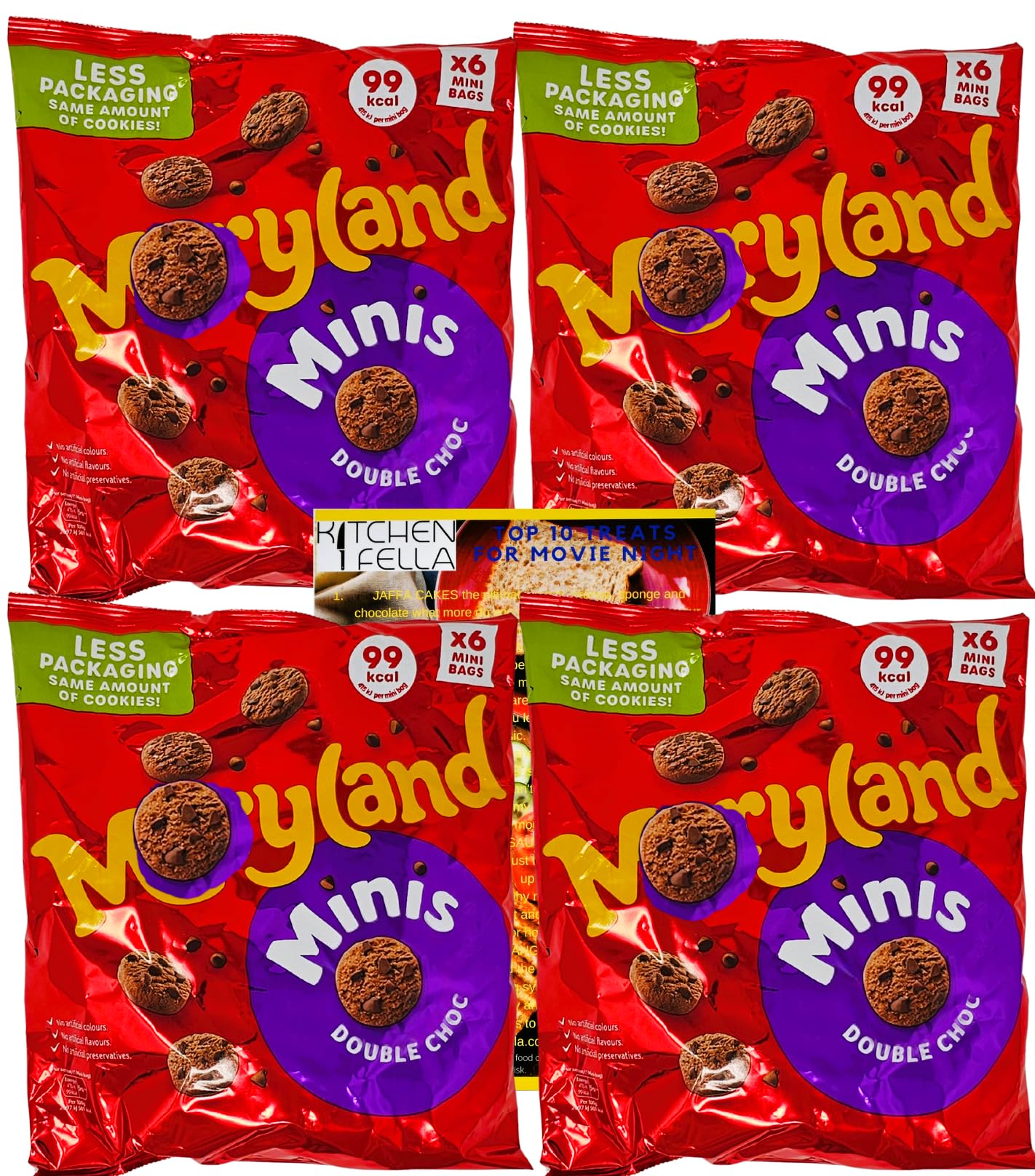 Maryland Double Chocolate Mini Cookies Multipack – 4 Packs (24 Mini Bags), Chocolate Chip Biscuits, 99 Kcal Snacks, No Artificial Colours Preservatives, with Kitchen Fella Movie Night Treats Guide