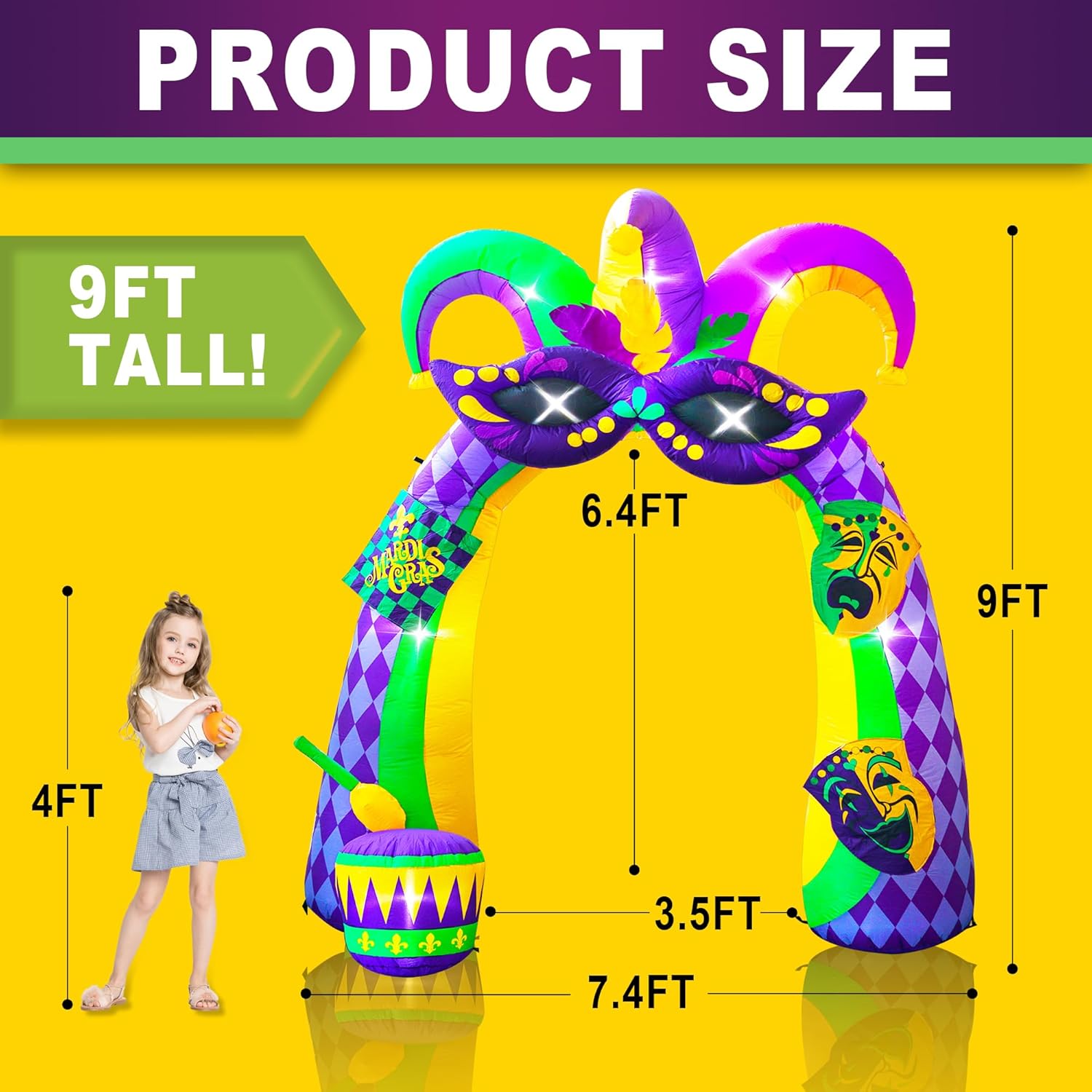 9.5FT Tall Mardi Gras Inflatables Archway Yard Decoration Built-in LED Lights for Fat Tuesday, Lenten Season Party Indoor, Outdoor, Garden, Lawn Decor